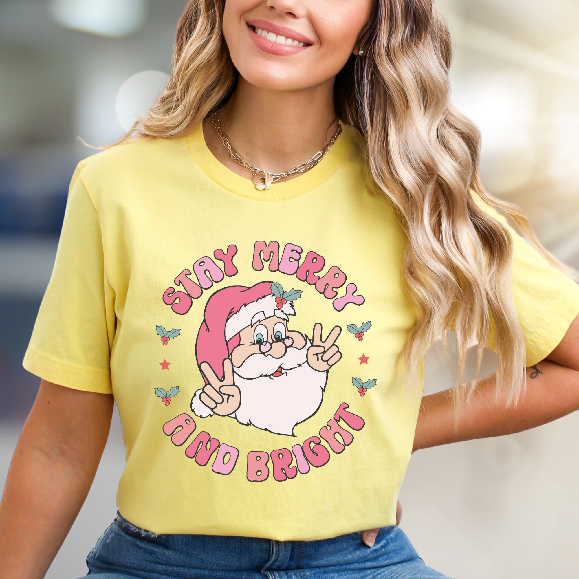 "Stay Merry and Bright" Groovy Santa Graphic Tee, a Retro Christmas Pick for Holiday Lovers