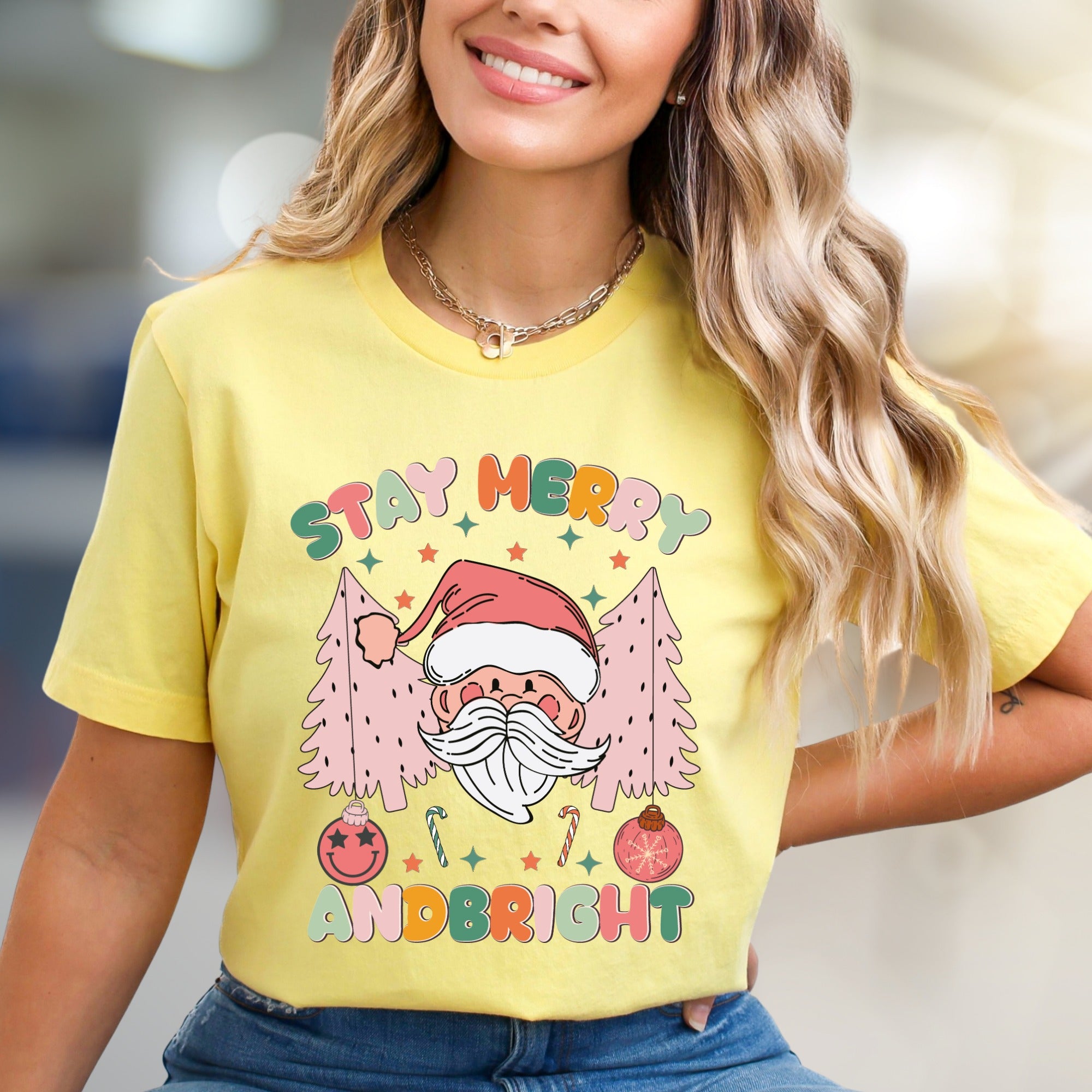 "Stay Merry and Bright" Festive Santa Graphic Tee, a Whimsical Holiday Pick for Everyone