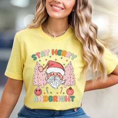 "Stay Merry and Bright" Festive Santa Graphic Tee, a Whimsical Holiday Pick for Everyone