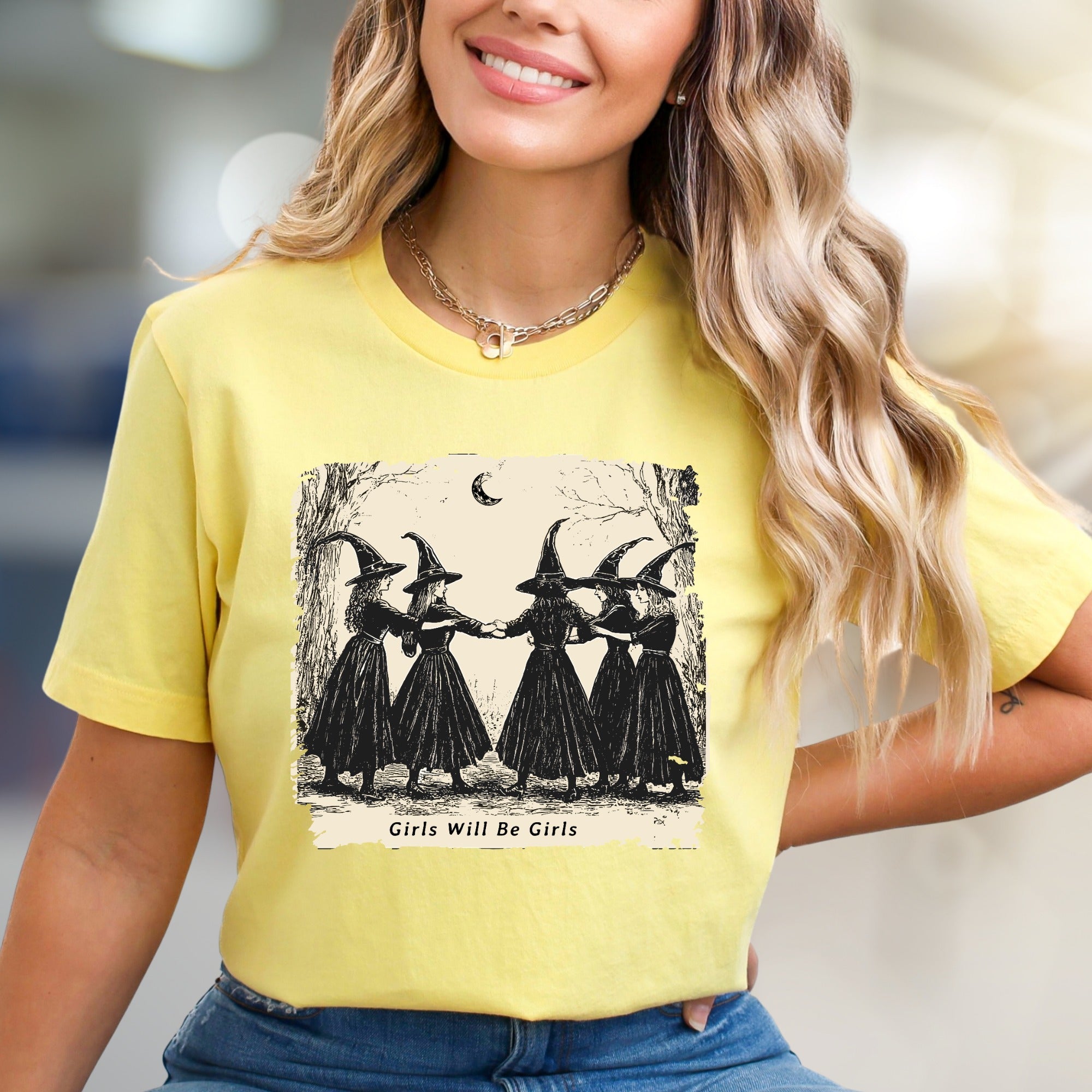 "Girls Will Be Girls" Witchy Sisterhood Graphic Tee, A Mystical Folk Art Pick for Free Spirits