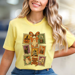 "TRICK OR TREAT" Vintage Halloween Stamp Graphic Tee, a Spooky Pick for Festive Souls