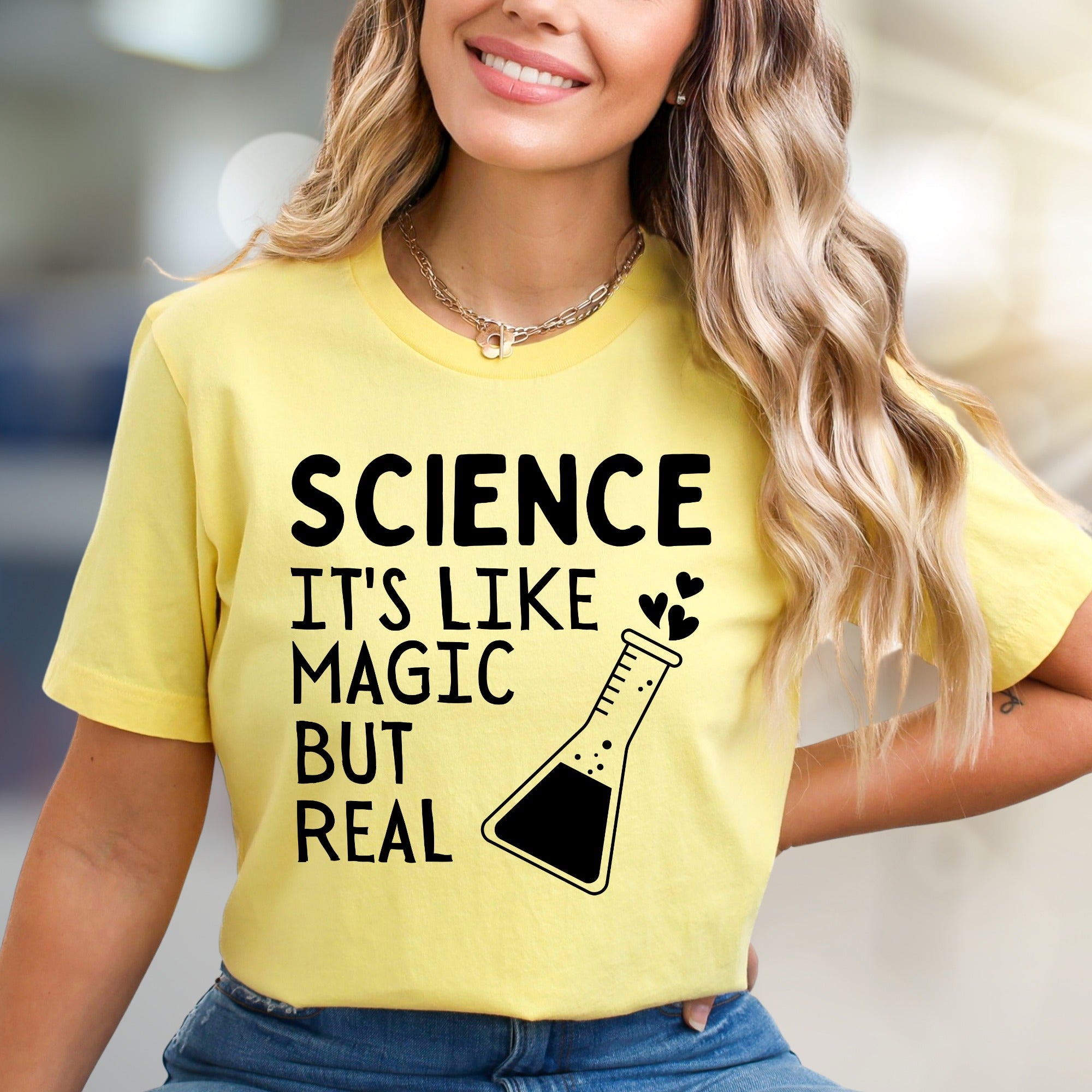 "Science It's Like Magic But Real" Lab Beaker Graphic Tee, a Quirky STEM Pick for Enthusiasts