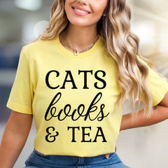 "CATS books & TEA" Cozy Lifestyle Graphic Tee, a Comfort Pick for Introverts