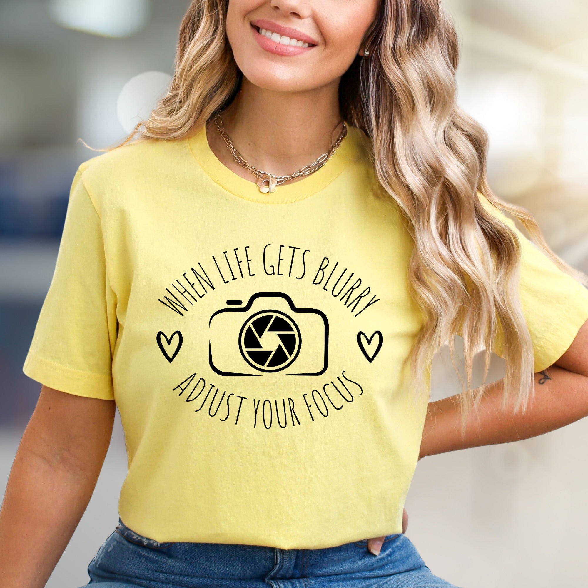 "When Life Gets Blurry Adjust Your Focus" Camera Graphic Tee, a Motivational Pick for Creatives