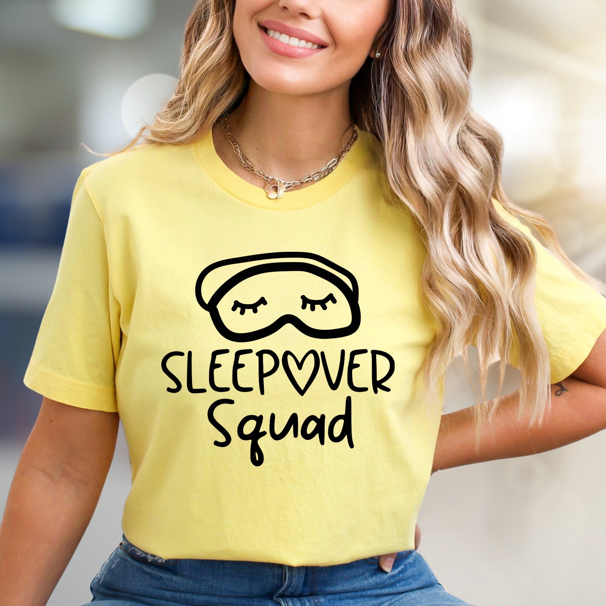 "Sleepover Squad" Eye Mask Graphic Tee, a Fun Group Pick for Friends