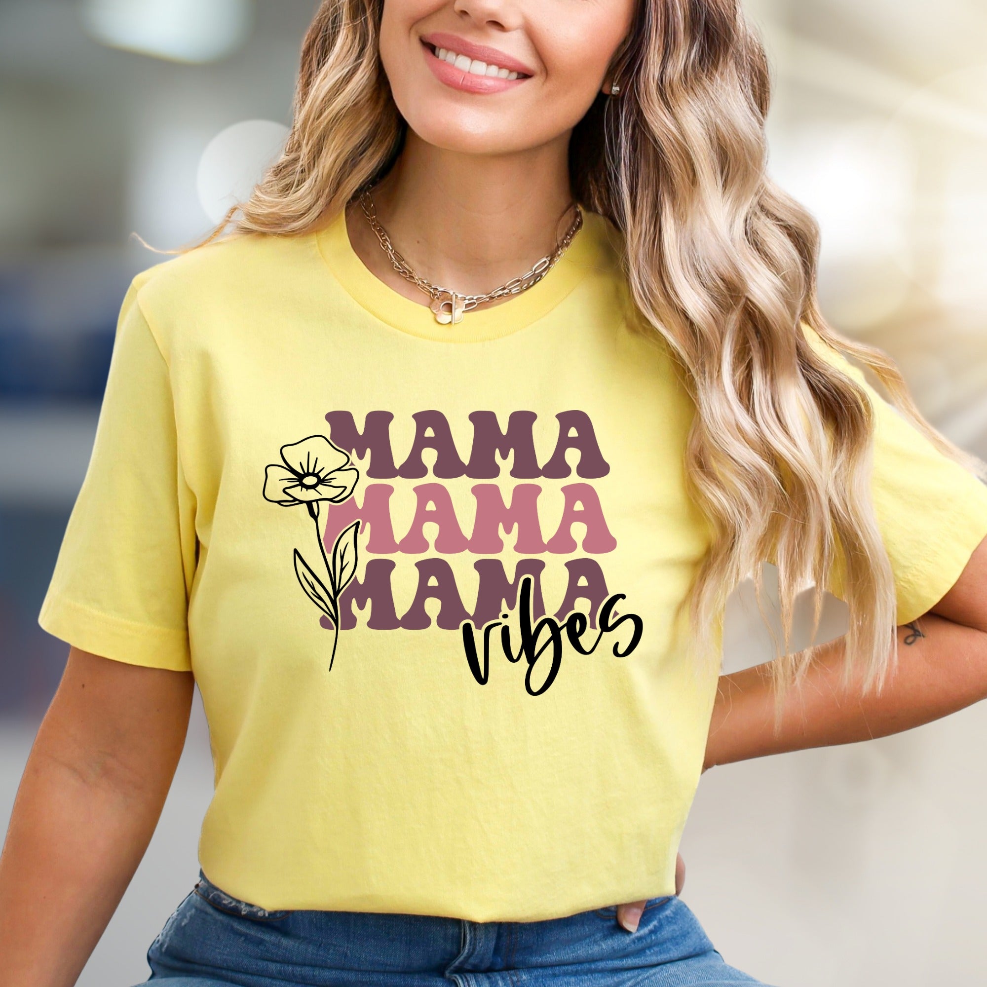 "Mama Mama Mama Vibes" Floral Graphic Tee, a Boho Chic Pick for Trendy Moms