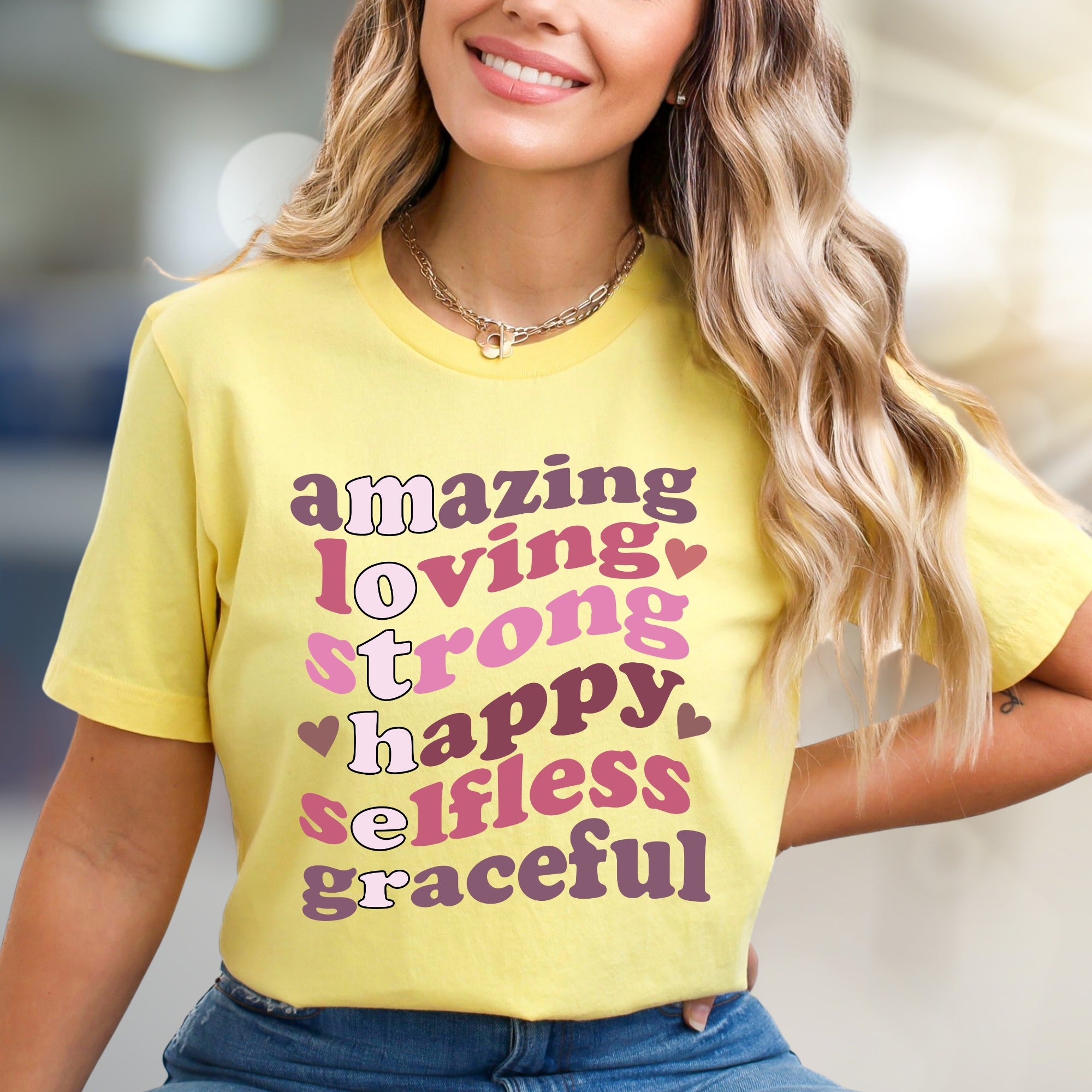 "Amazing Loving Strong Happy Selfless Graceful" Empowering Groovy Graphic Tee, a Self-Love Pick for Her