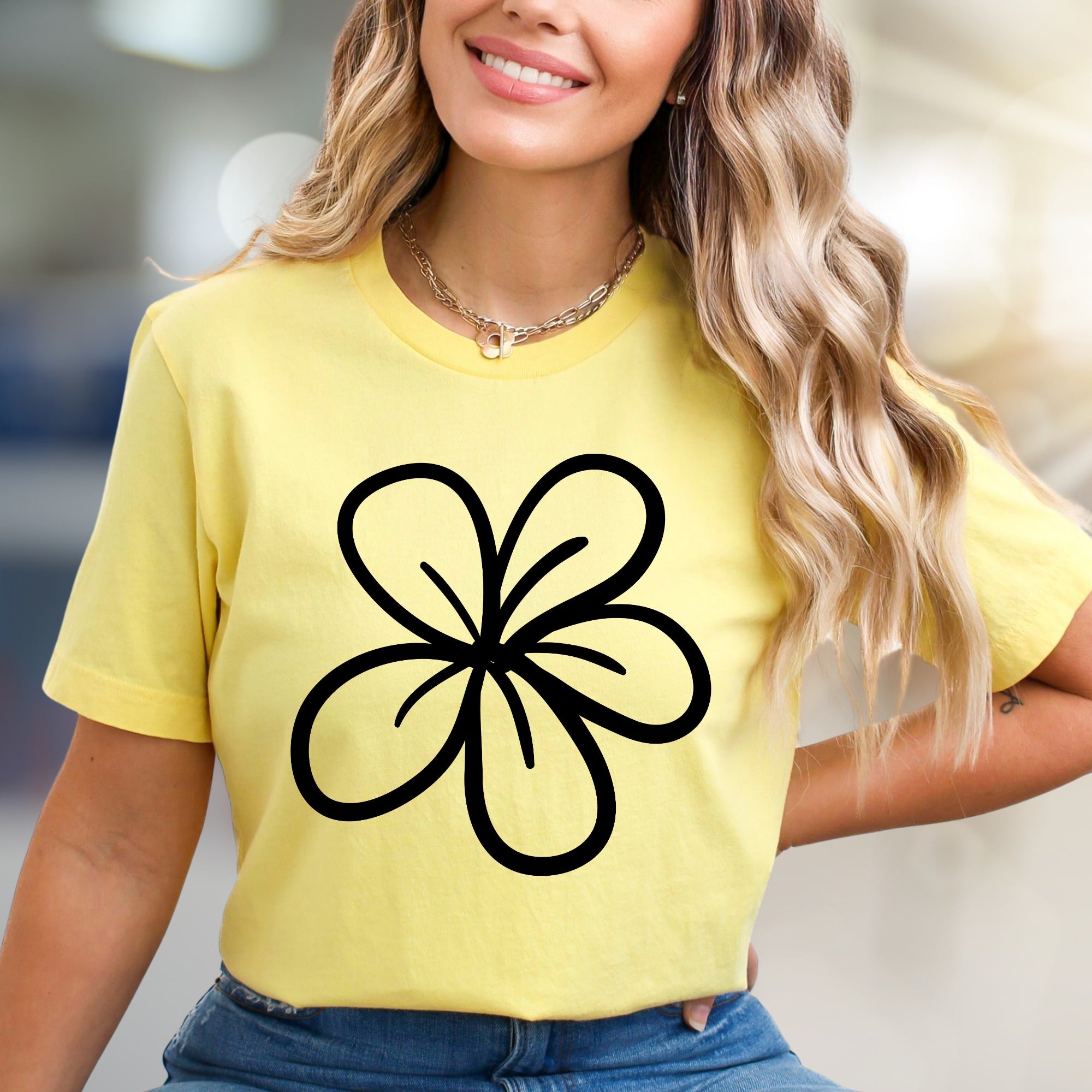 Simplistic Blossom Outline Graphic Tee, A Minimalist Floral Pick for Nature Lovers