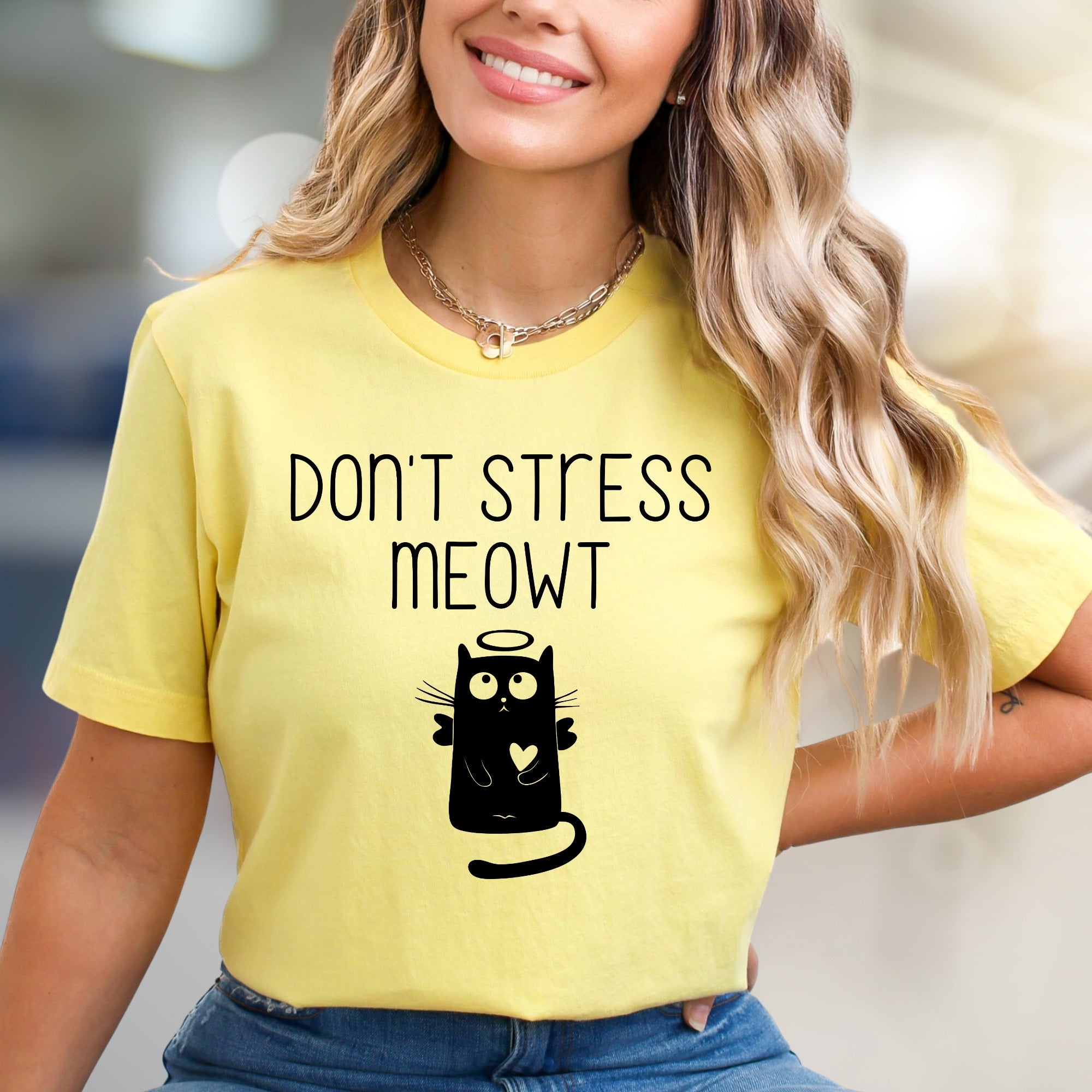 "Don't Stress Meowt" Angel Cat Graphic Tee, a Whimsical Pick for Cat Lovers