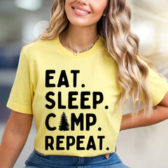 "Eat Sleep Camp Repeat" Outdoors Graphic Tee, a Nature Lover's Pick for Adventurers