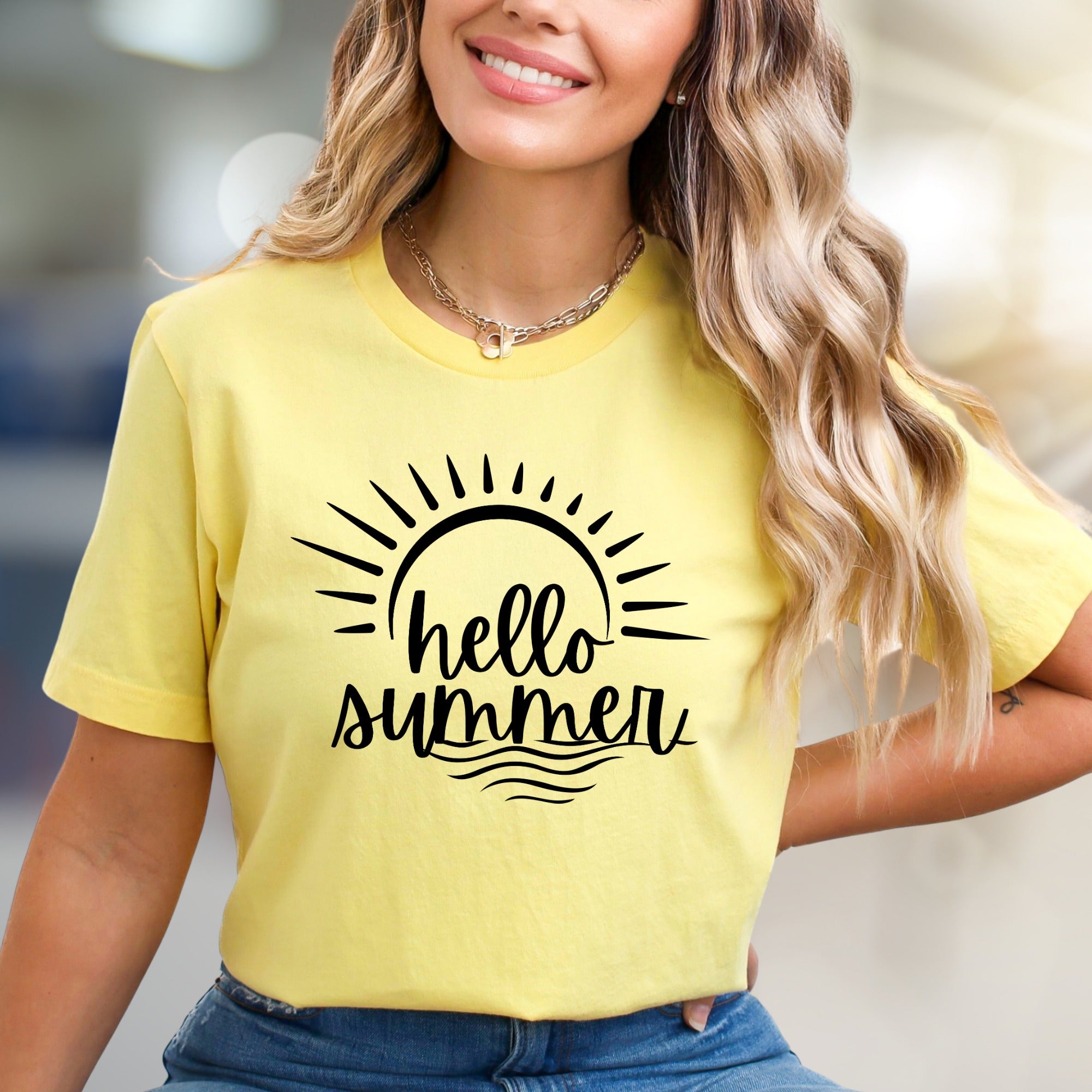 "hello summer" Sun & Wave Graphic Tee, a Vacation Style Pick for Beach Lovers