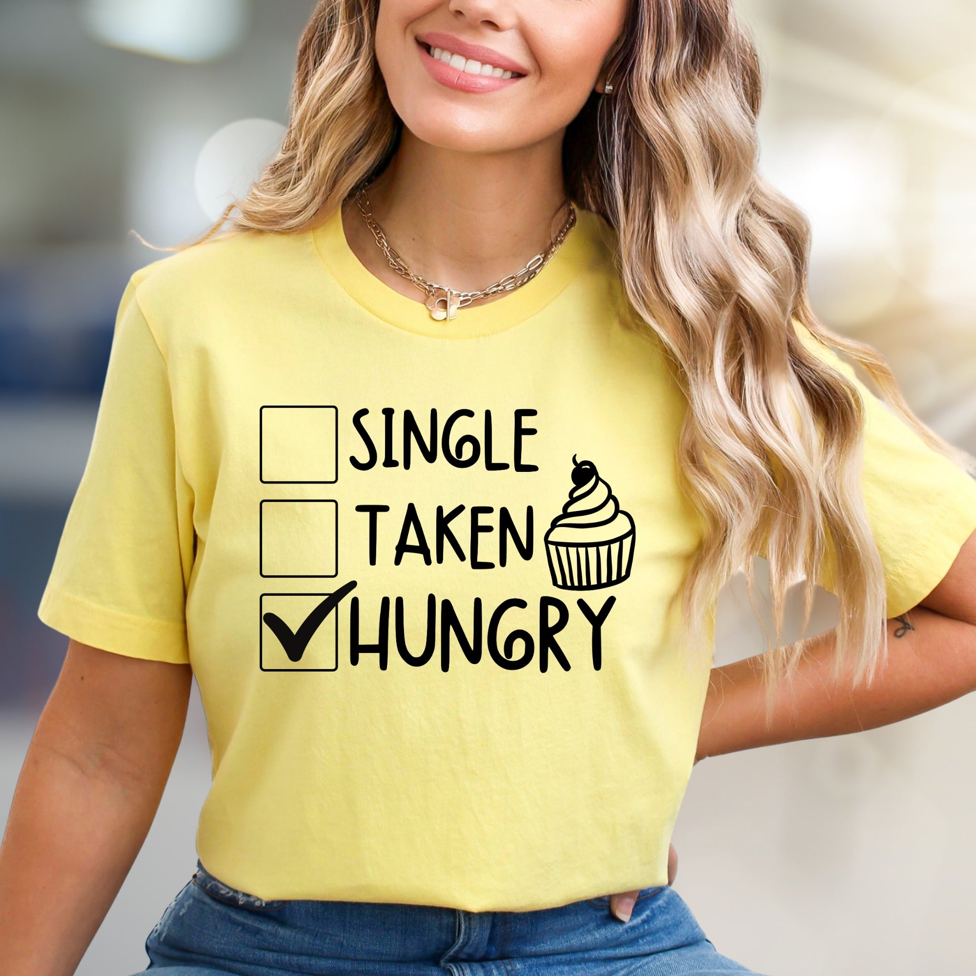 "Single, Taken, Hungry" Funny Graphic Tee, a Quirky Pick for Foodies