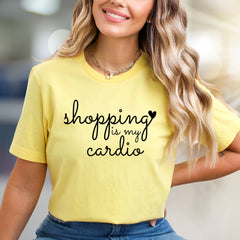 "Shopping is My Cardio" Script Graphic Tee, a Humorous Pick for Fashionistas