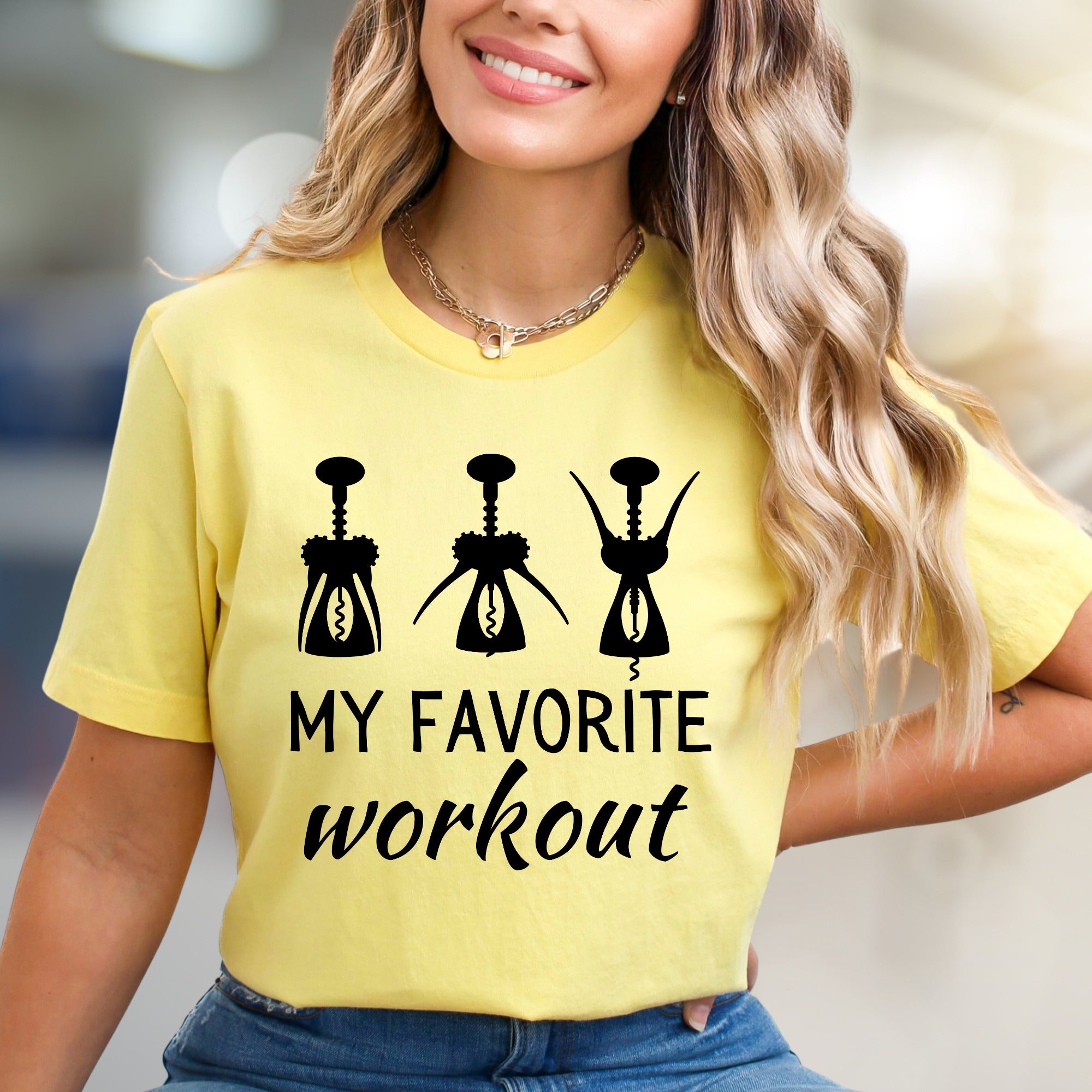 "My Favorite Workout" Wine Corkscrew Graphic Tee, a Witty Pick for Wine Lovers