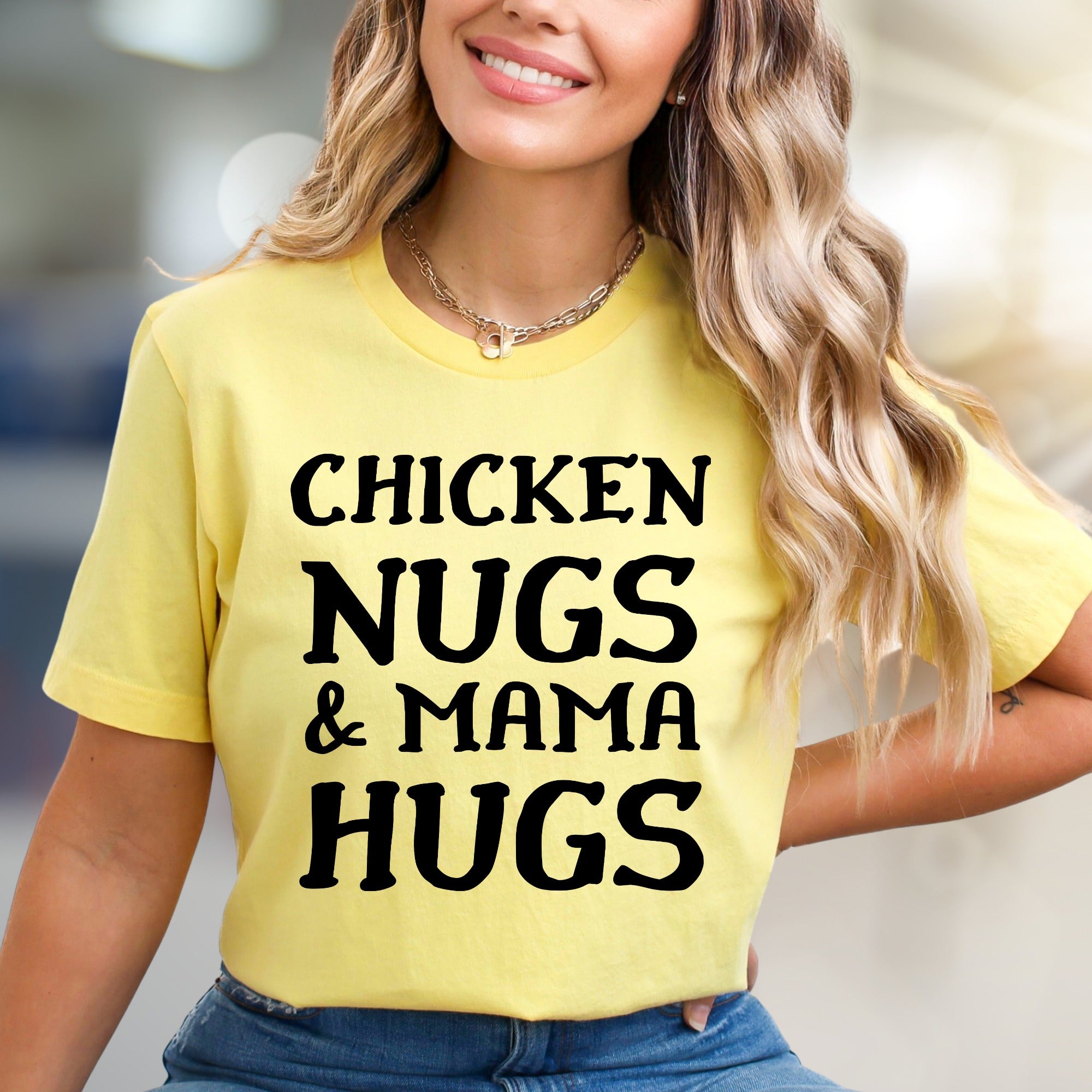"Chicken Nugs & Mama Hugs" Whimsical Mom Life Graphic Tee, a Comfort-First Choice for Everyday