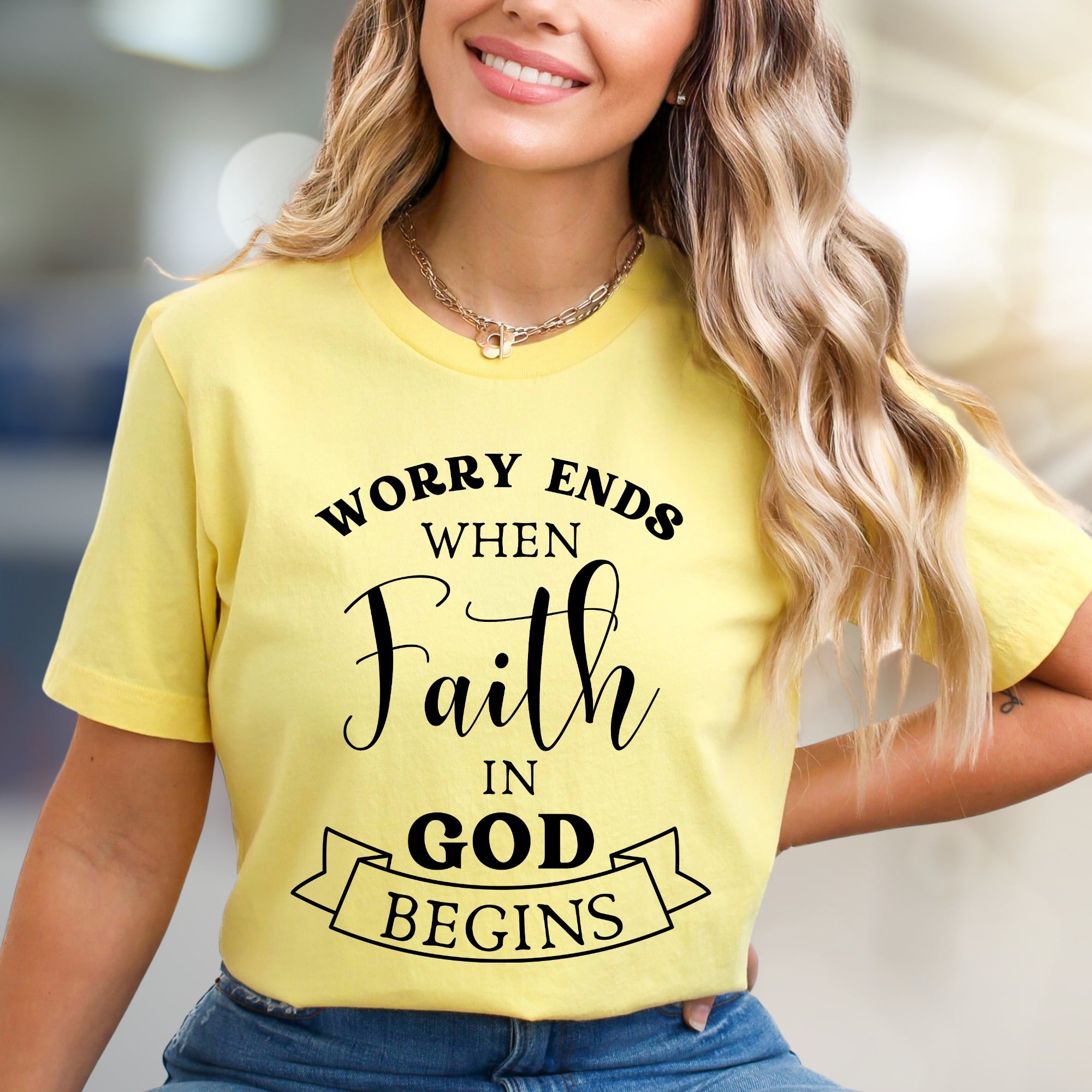 "Worry Ends When Faith in God Begins" Inspirational Graphic Tee, a Spiritual Pick for Believers
