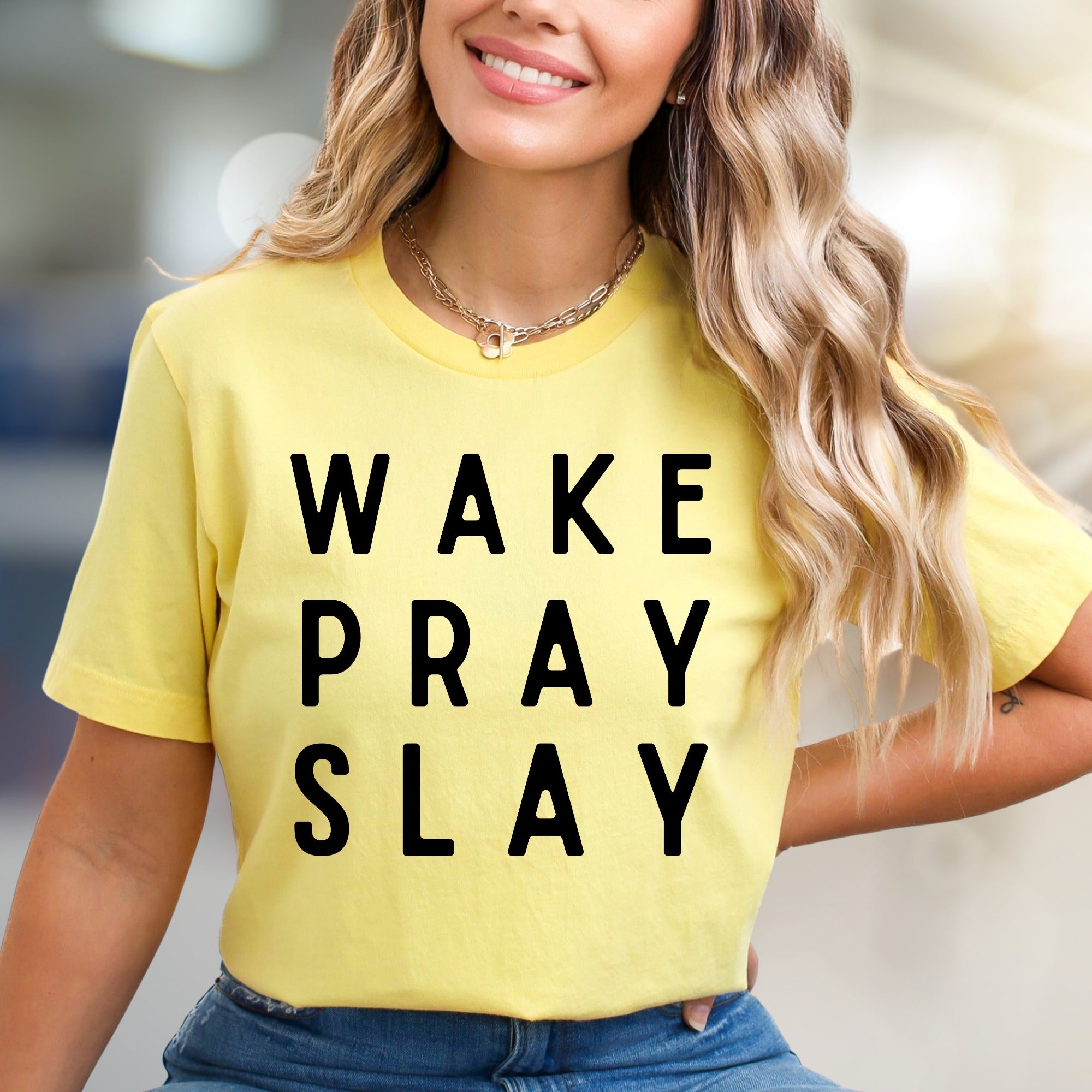 "WAKE PRAY SLAY" Motivational Graphic Tee, an Empowering Pick for Go-Getters