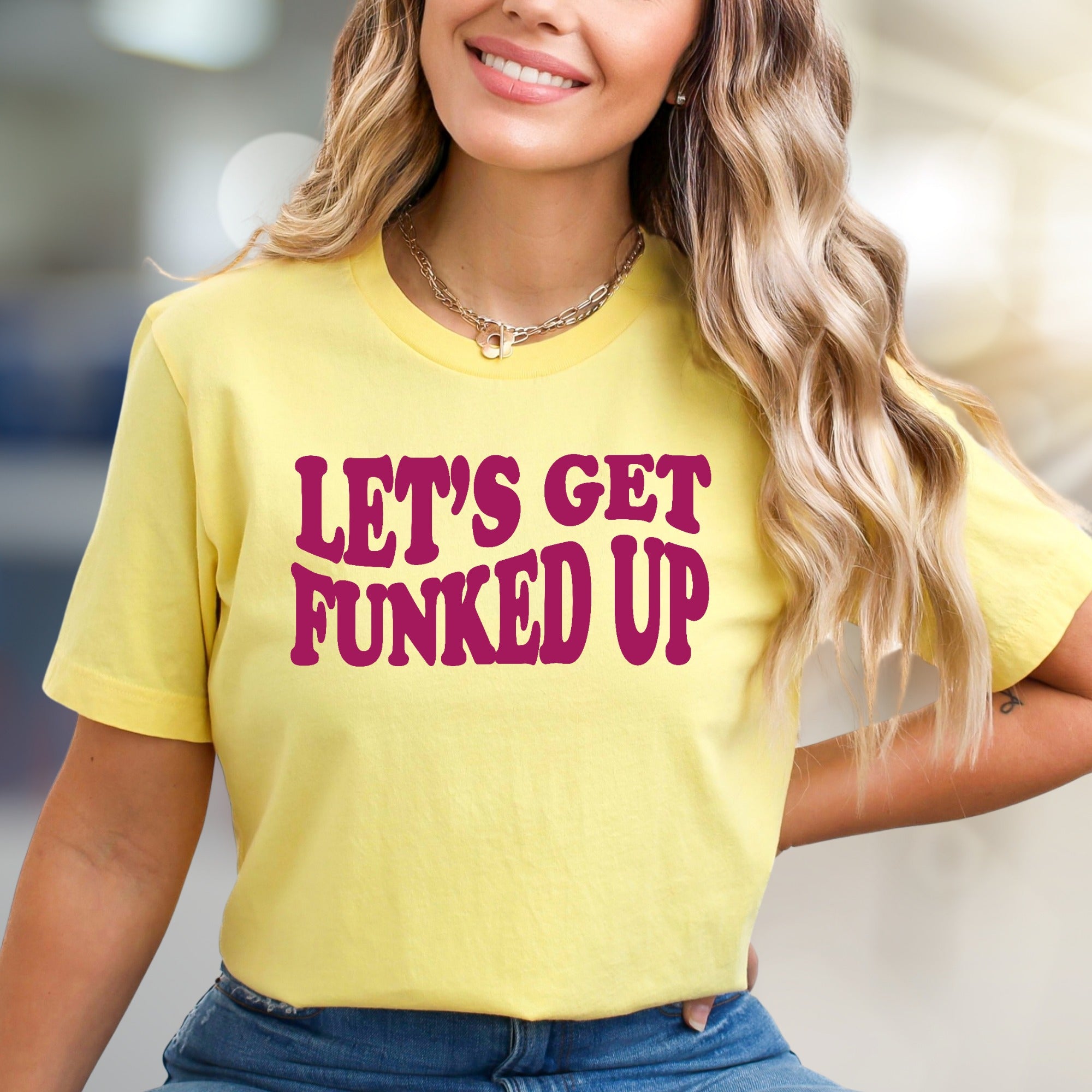 "LET'S GET FUNKED UP" Groovy Disco Graphic Tee, a Retro Vibe for Party Goers