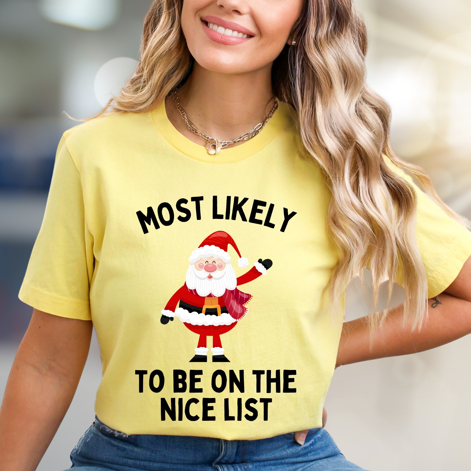 "Most Likely To Be On The Nice List" Jolly Santa Graphic Tee, a Festive Christmas Pick for Holiday Lovers