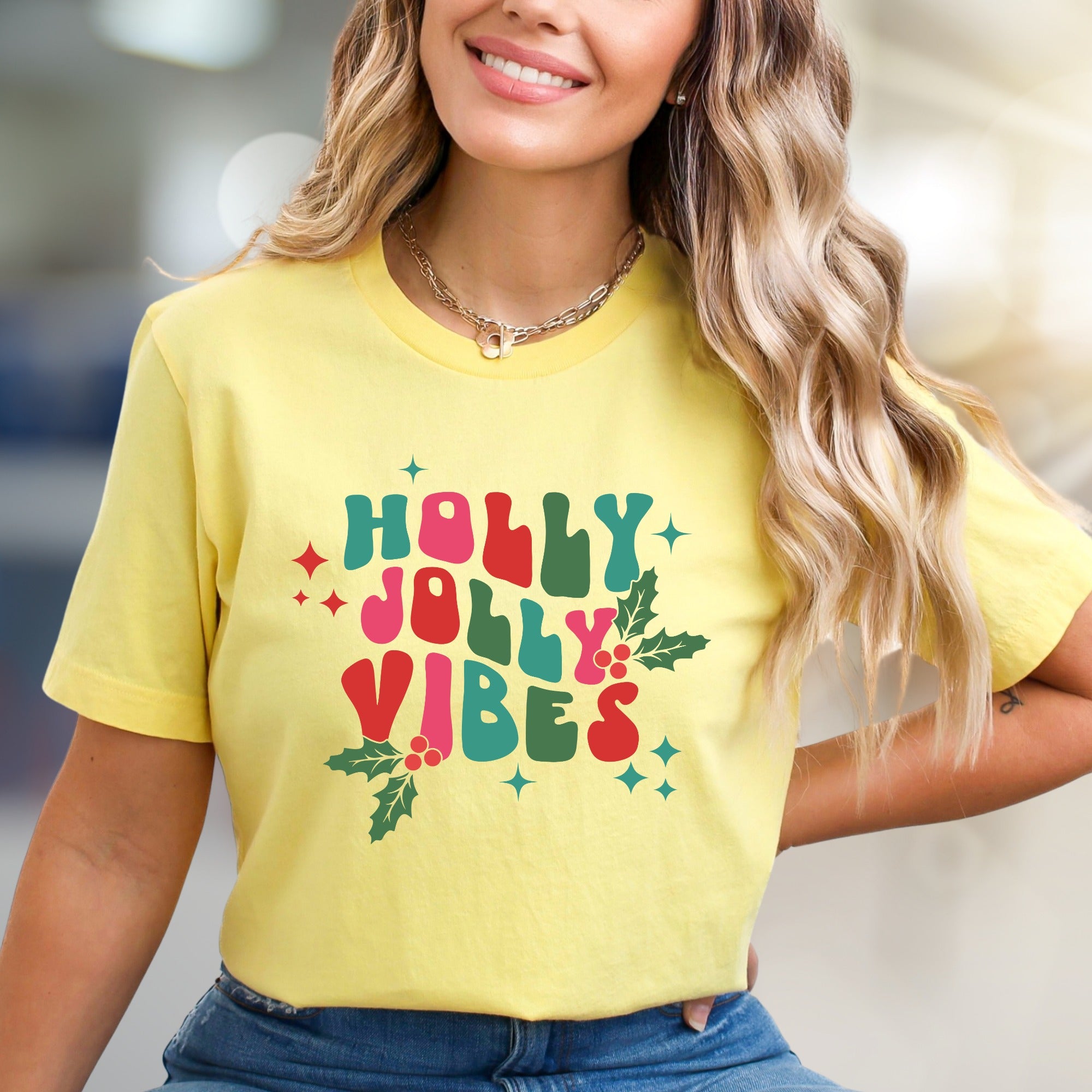 "Holly Jolly Vibes" Retro Christmas Graphic Tee, a Festive Niche Pick for Holiday Enthusiasts