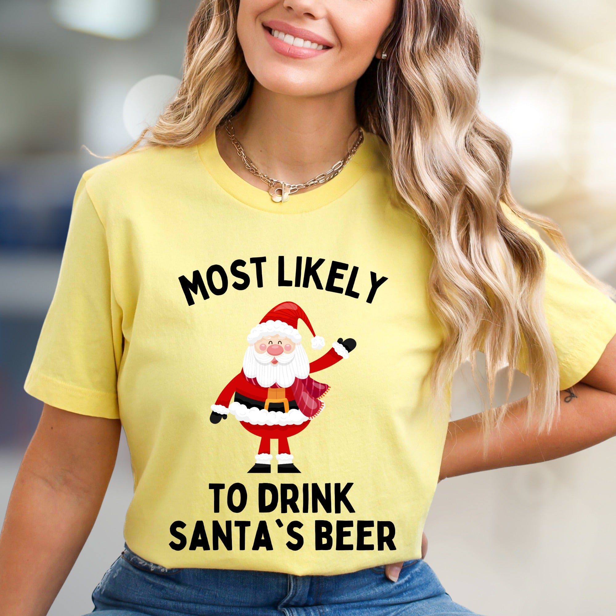 Most Likely To Drink Santa's Beer Funny Christmas Graphic Tee, a Holiday Humor Pick for Festive Adults