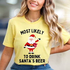 Most Likely To Drink Santa's Beer Funny Christmas Graphic Tee, a Holiday Humor Pick for Festive Adults