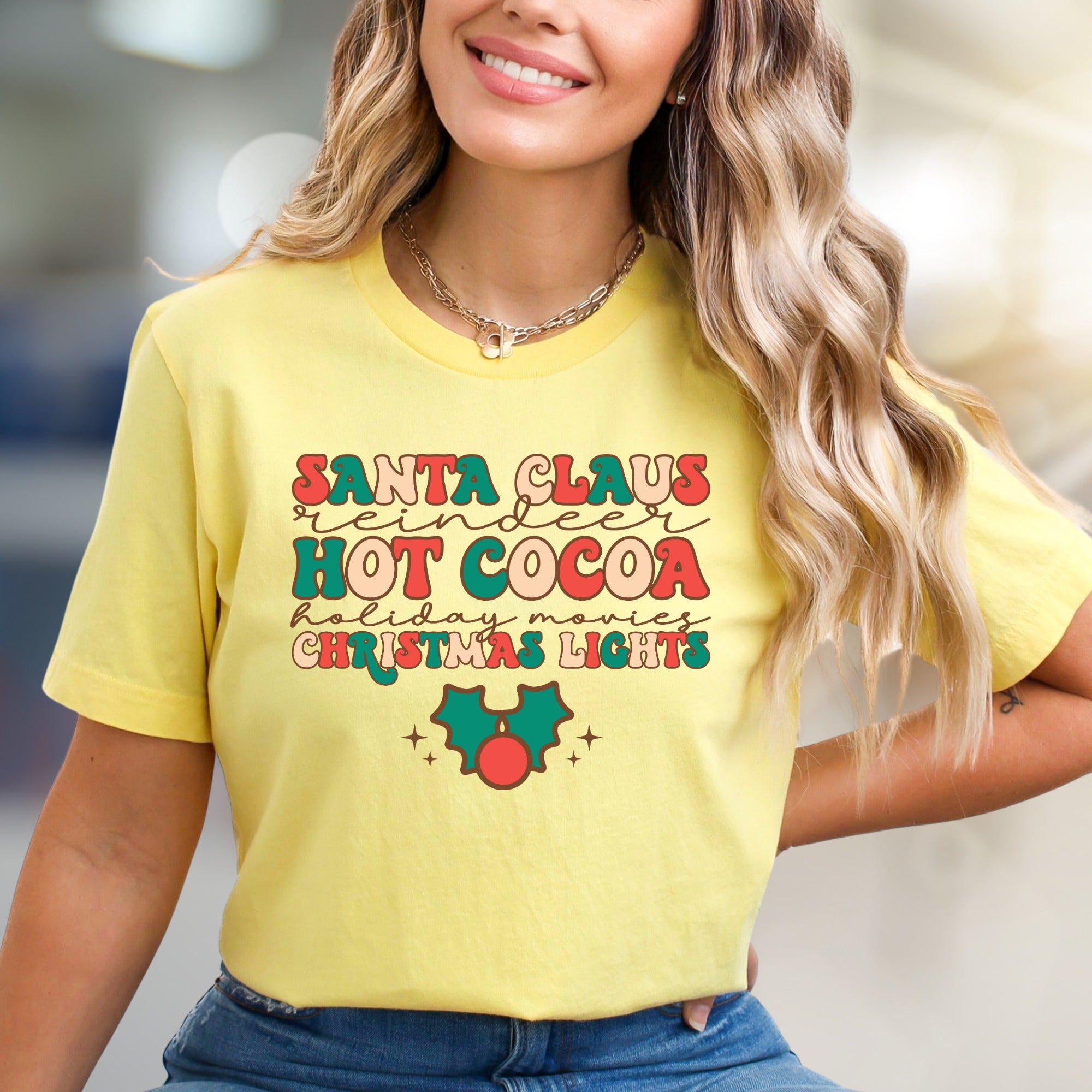 "SANTA CLAUS, REINDEER, HOT COCOA" Retro Christmas Graphic Tee, a Festive Pick for Holiday Lovers