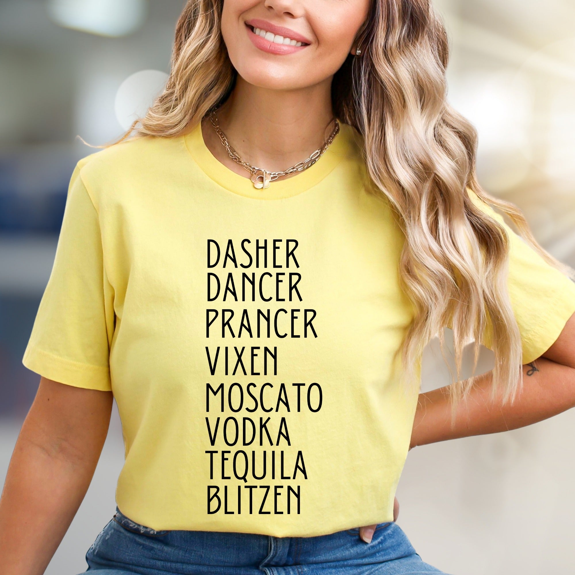 "Dasher, Dancer, Moscato & Blitzen" Christmas Party Graphic Tee, a Festive Naughty & Nice Pick for Holiday Enthusiasts