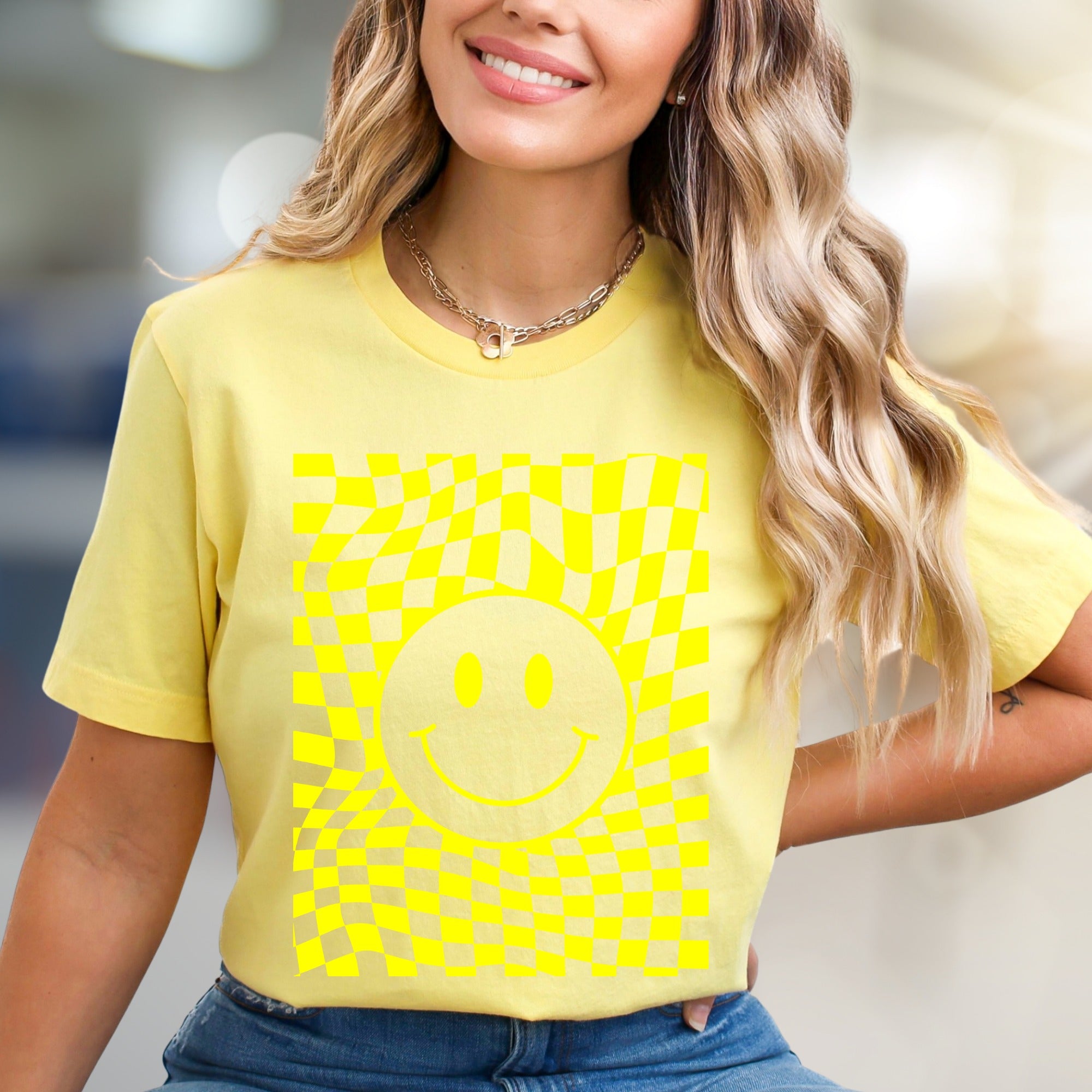 Warped Checkerboard Smiley Graphic Tee, A Retro-Inspired Pick for Free Spirits