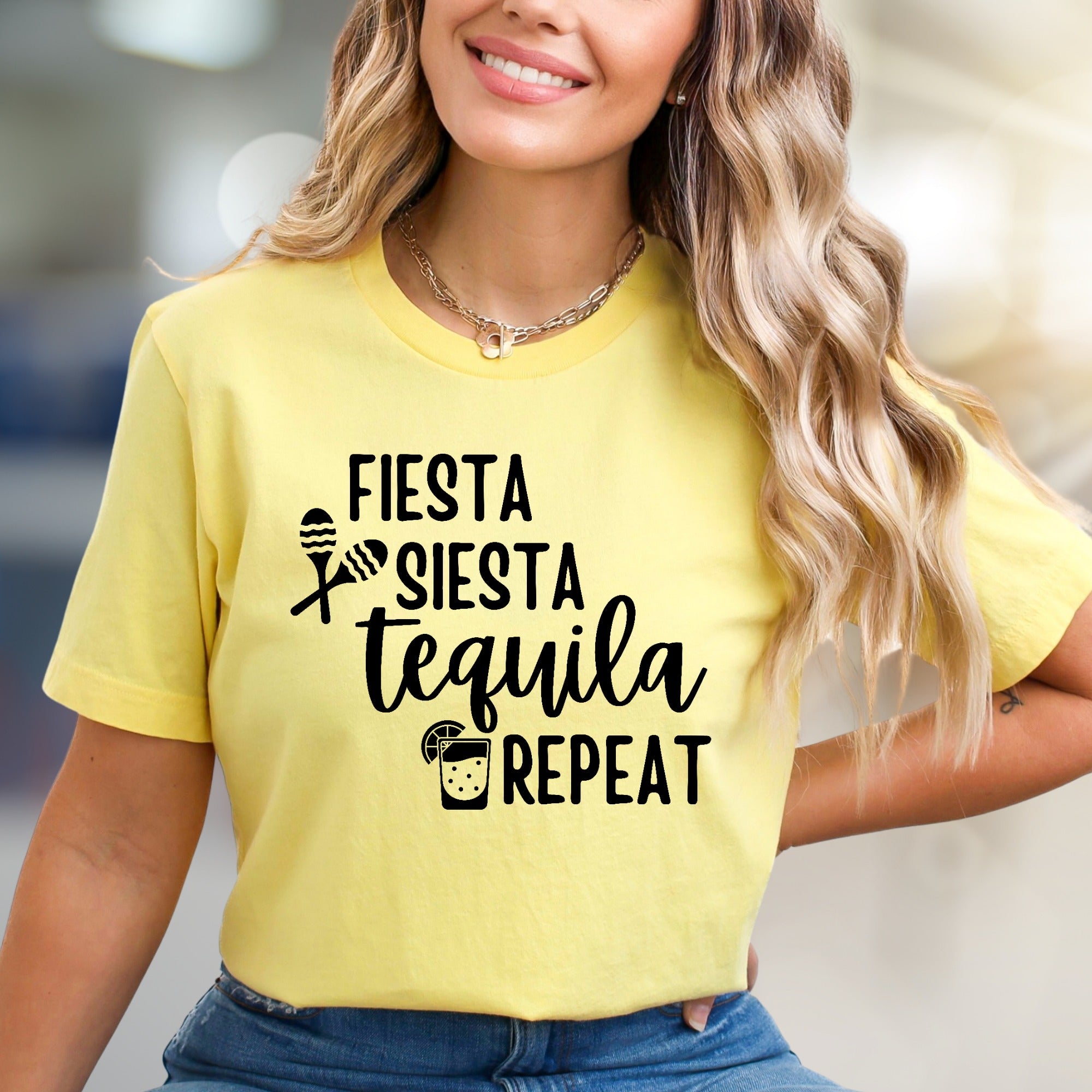 "FIESTA SIESTA TEQUILA REPEAT" Party Vibes Graphic Tee, a Fun Pick for Celebrators