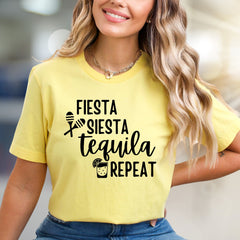 "FIESTA SIESTA TEQUILA REPEAT" Party Vibes Graphic Tee, a Fun Pick for Celebrators