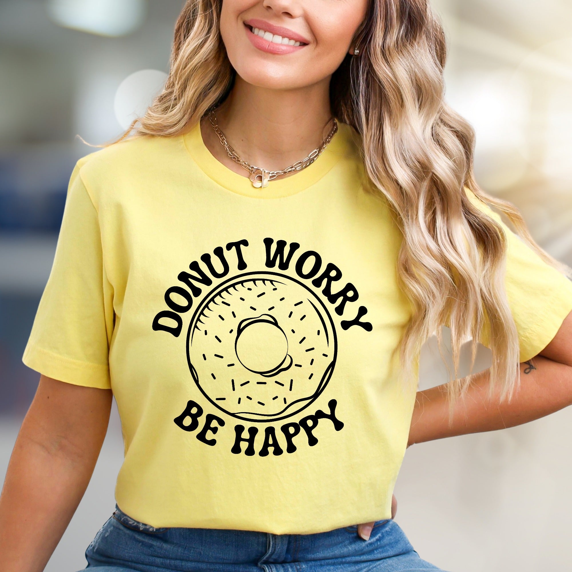 "Donut Worry Be Happy" Donut Graphic Tee, a Sweet Treat Pick for Optimists