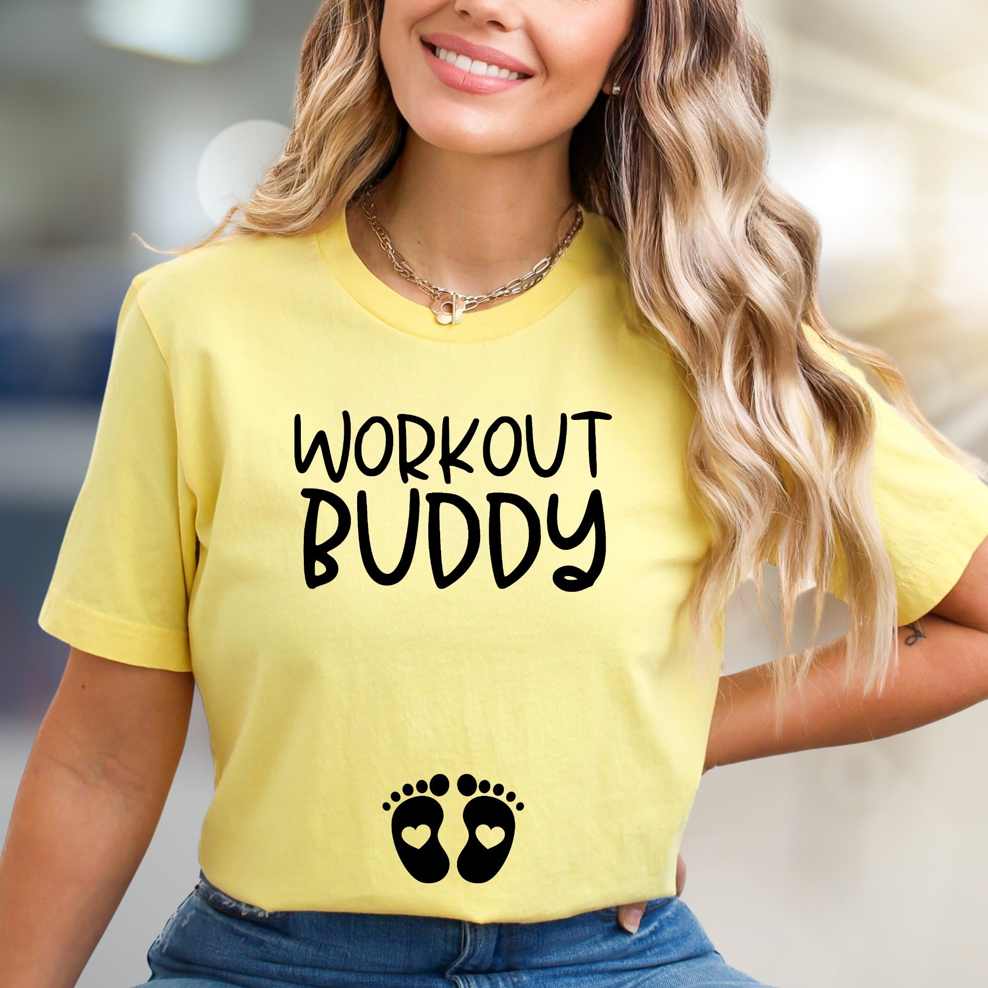 "Workout Buddy" Maternity Graphic Tee, a Pregnancy-Fit Pick for Expecting Moms