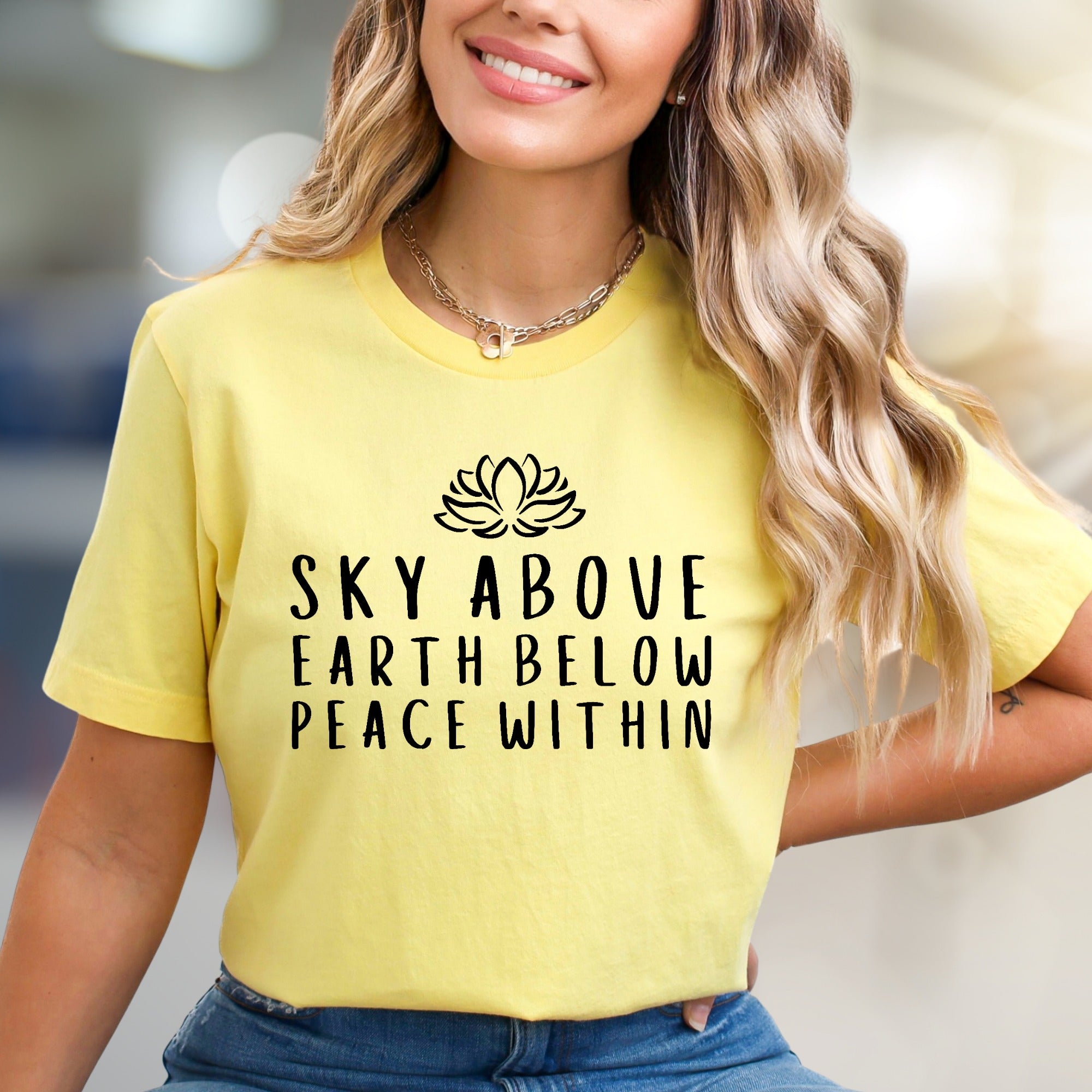 Sky Above Earth Below Peace Within Lotus Graphic Tee, A Spiritual Meditation Pick for Yoga Enthusiasts