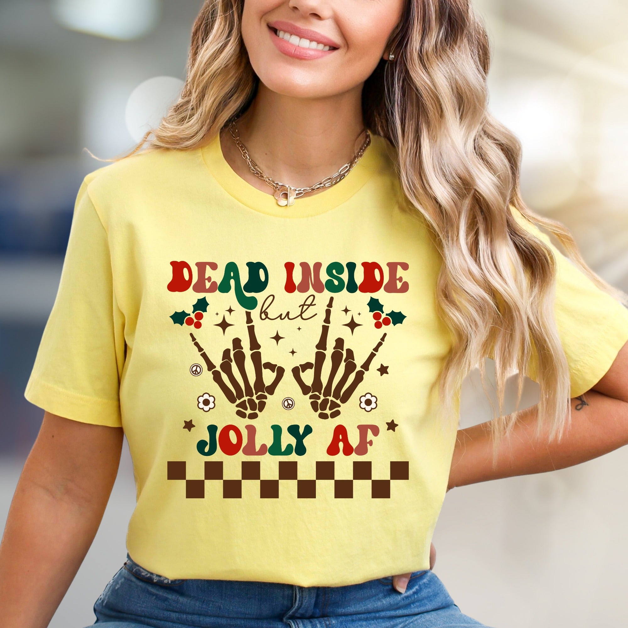 "Dead Inside But Jolly AF" Christmas Skeleton Graphic Tee, A Humorous Holiday Pick for Festive Vibes