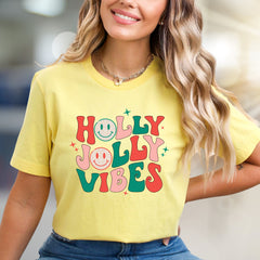 "Holly Jolly Vibes" Retro Christmas Graphic Tee, a Festive Pick for Holiday Enthusiasts