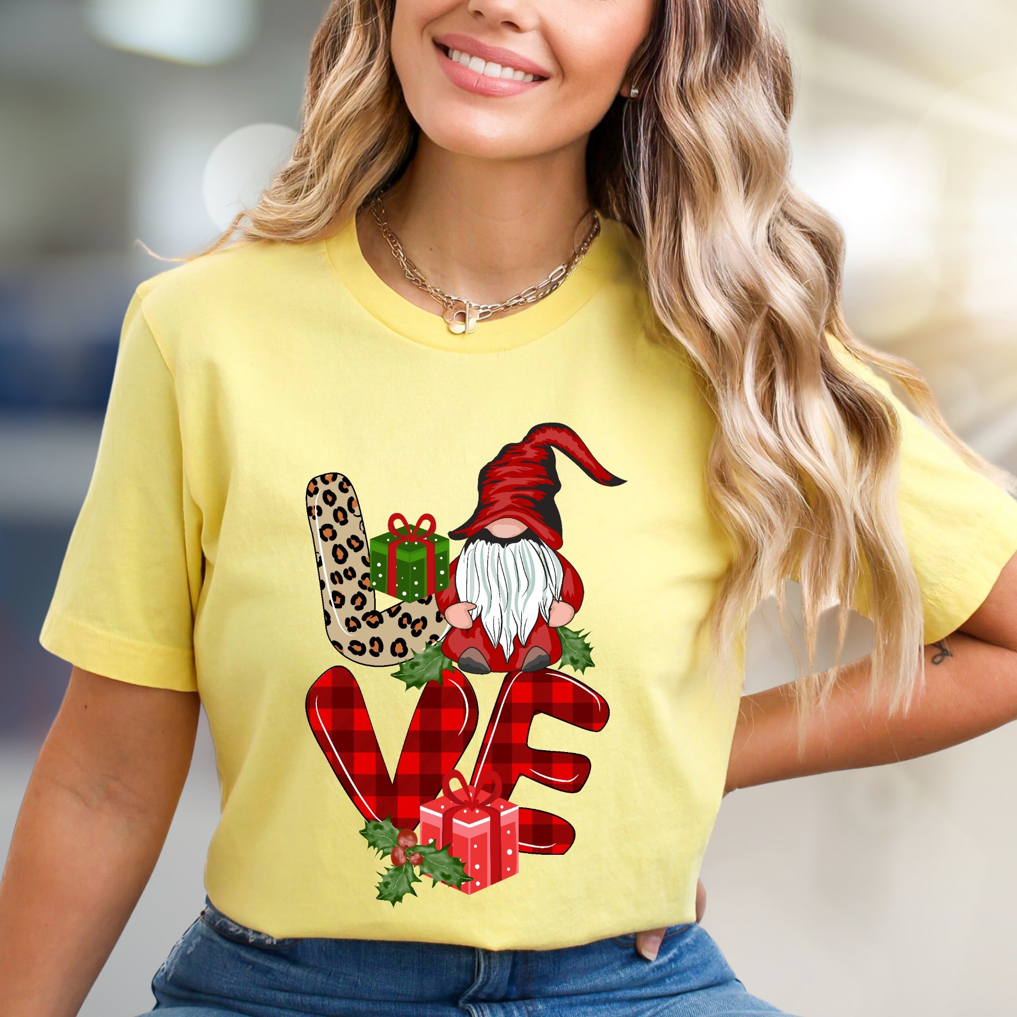 "LOVE" Gnome Leopard Plaid Graphic Tee, a Festive Holiday Gift for Her