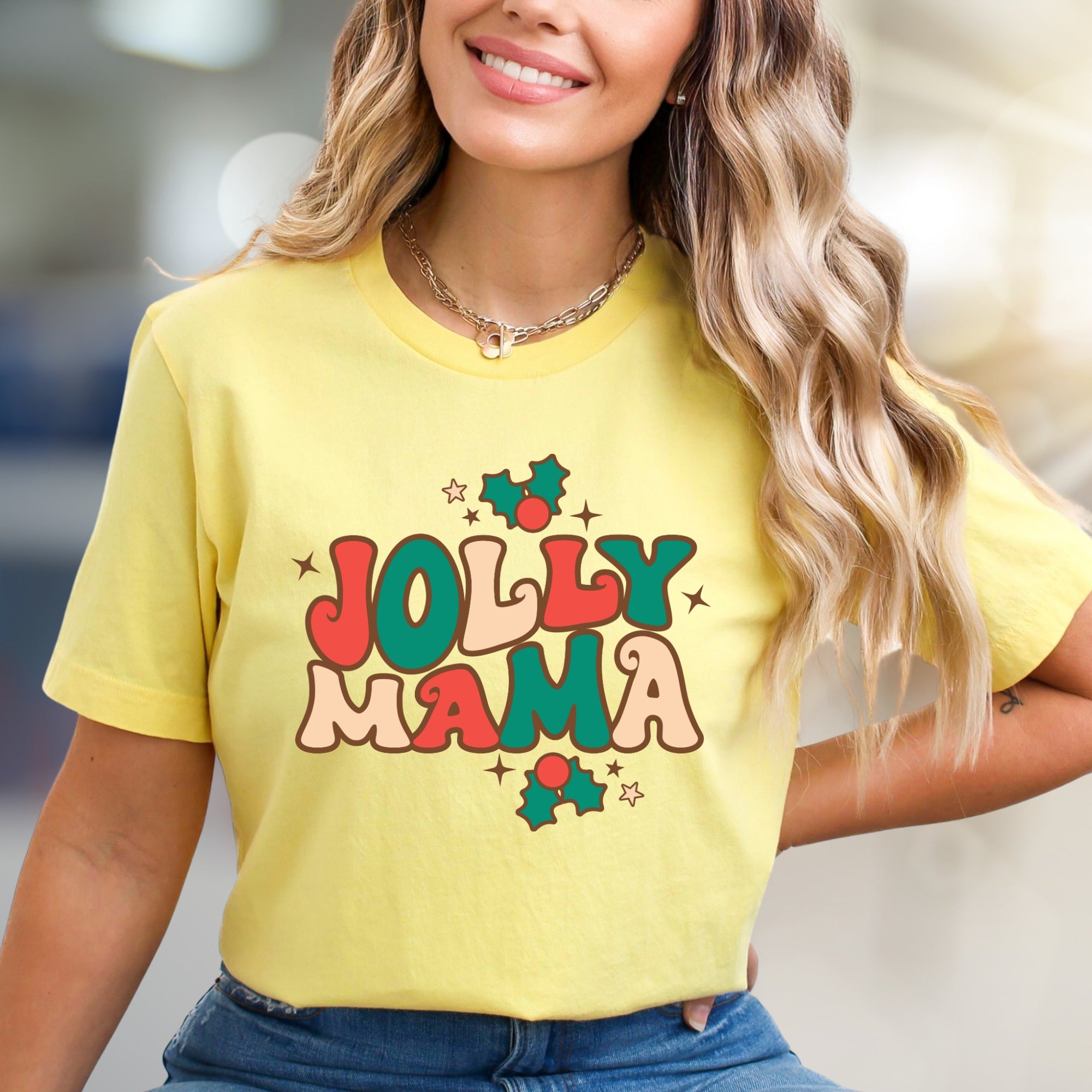 "Jolly Mama" Retro Christmas Graphic Tee, a Festive Pick for Merry Moms