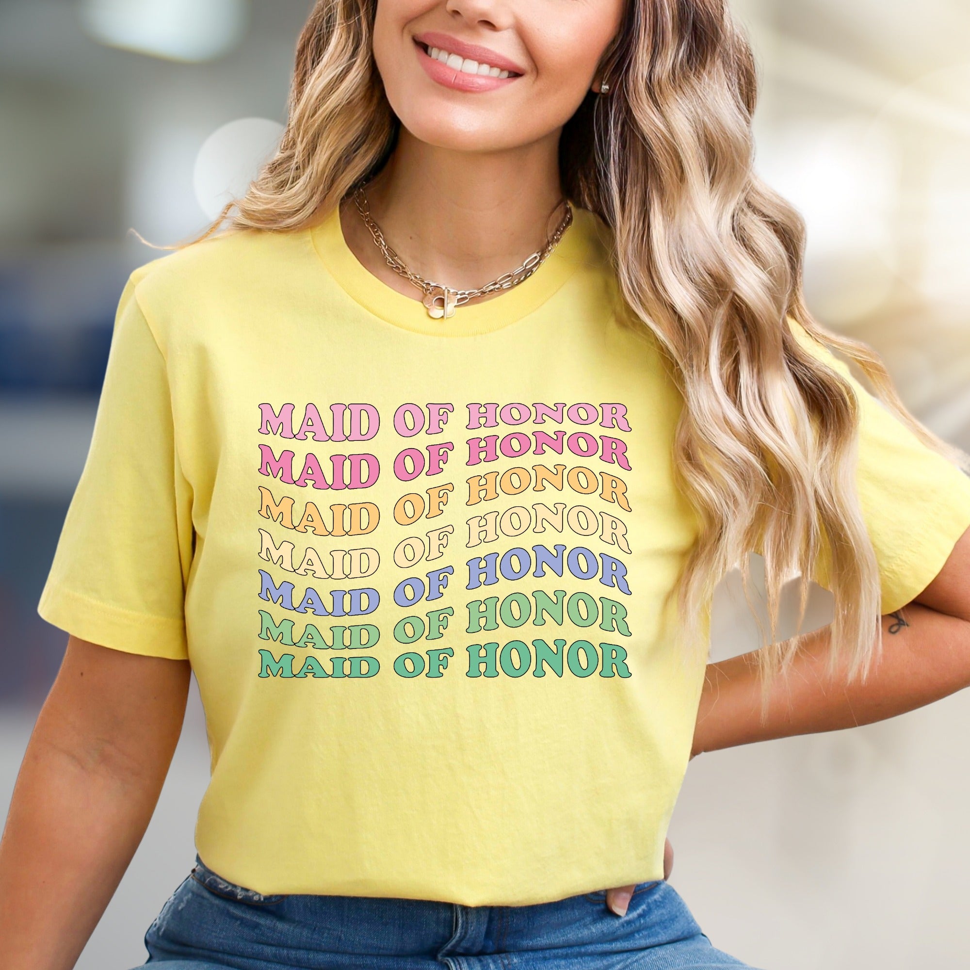 "Maid of Honor" Rainbow Retro Graphic Tee, a Bridal Party Pick for Her