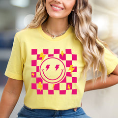 Neon Checkerboard Lightning Smiley Face Graphic Tee, a Bold Y2K Pick for Trendsetters