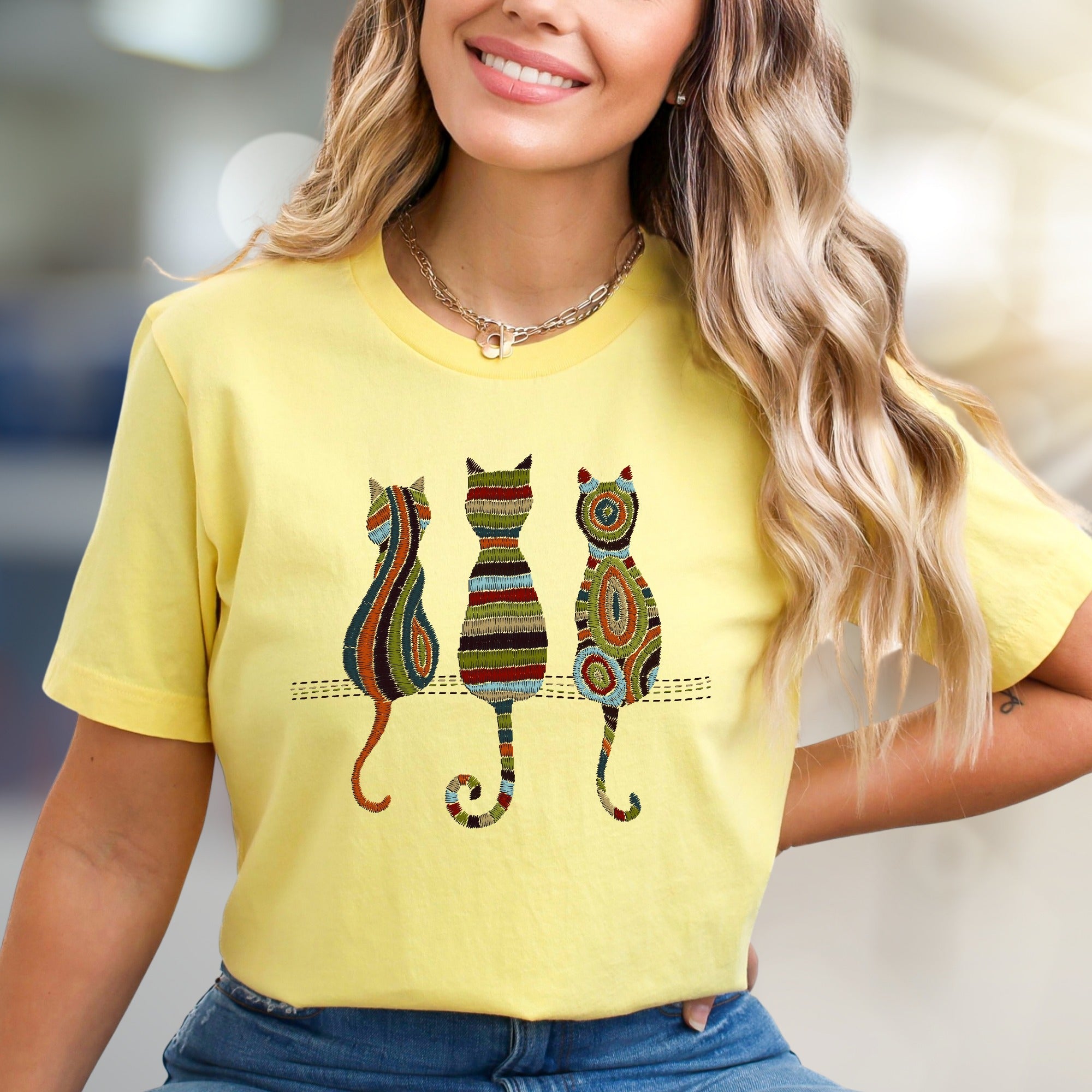 Abstract Cat Trio Art Graphic Tee, A Bohemian Chic Pick for Feline Lovers