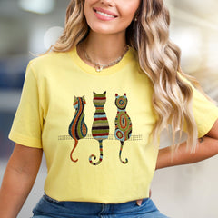 Abstract Cat Trio Art Graphic Tee, A Bohemian Chic Pick for Feline Lovers