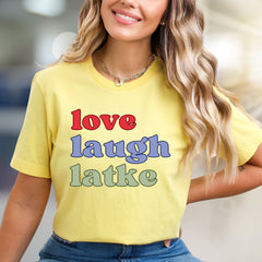 "love laugh latke" Whimsical Foodie Graphic Tee, a Humorous Pick for Latke Lovers