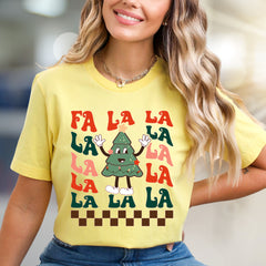 "FA LA LA" Retro Christmas Tree Graphic Tee, A Festive Holiday Pick for Enthusiasts
