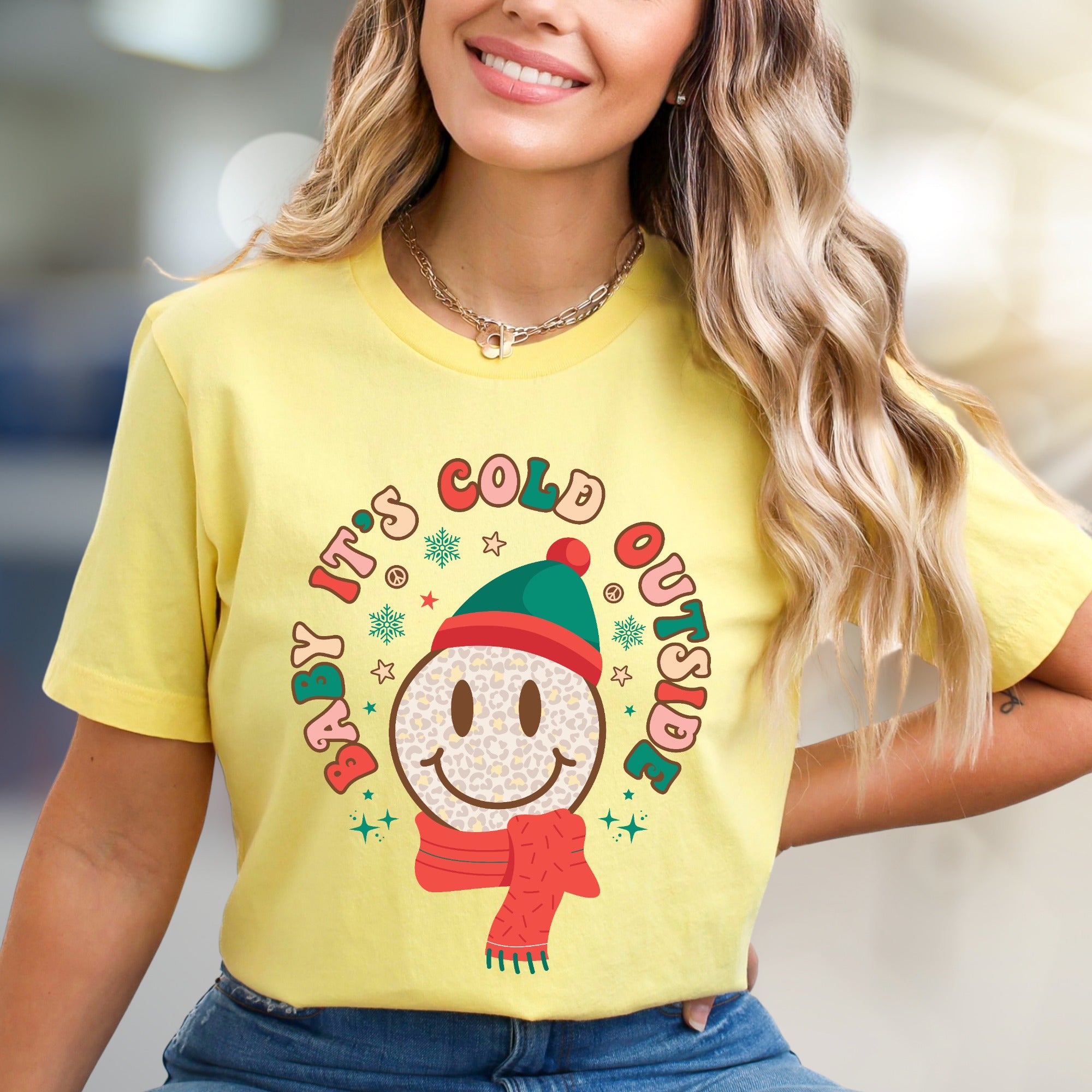 "Baby It's Cold Outside" Winter Smiley Graphic Tee, a Festive Comfort Pick for Holiday Lovers