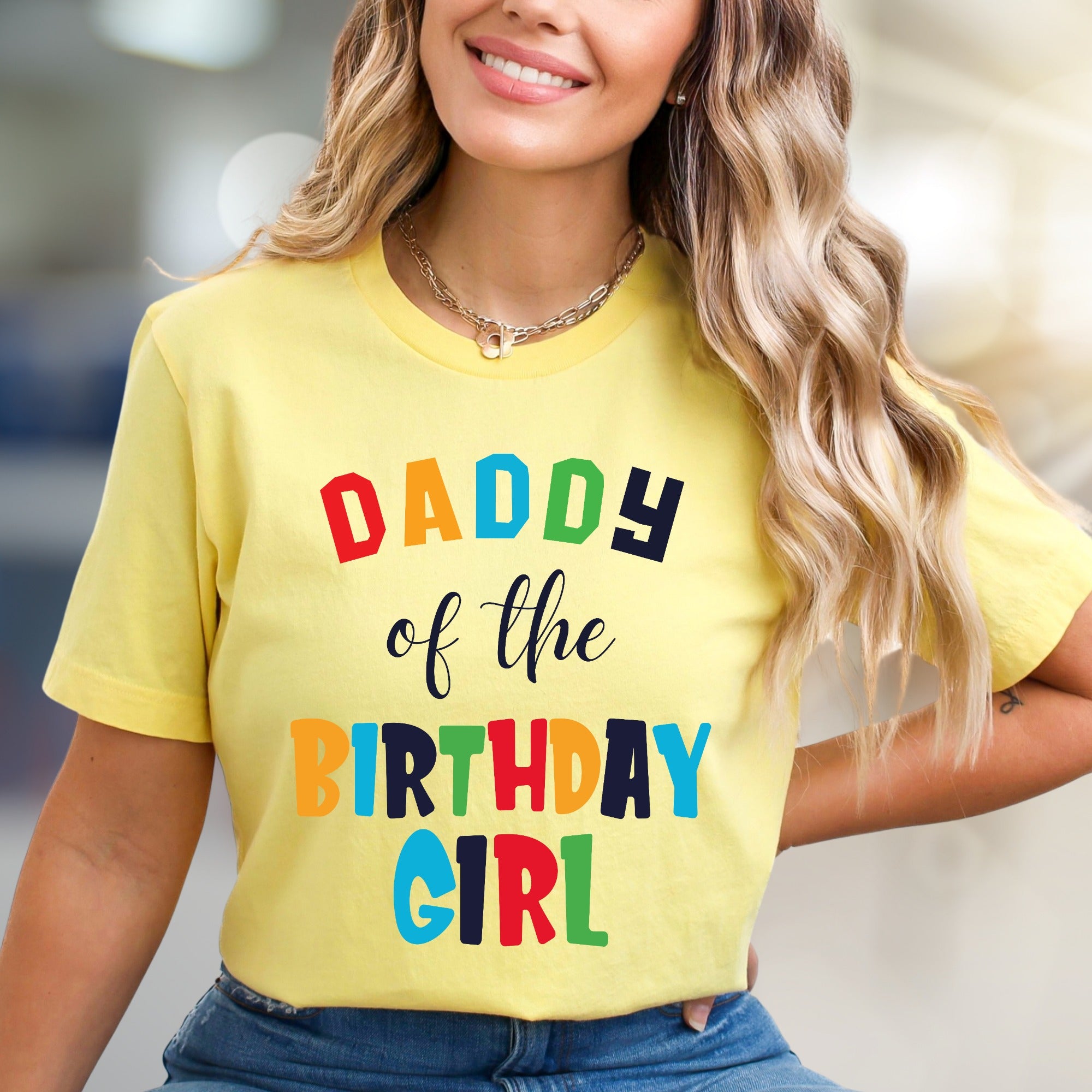 "DADDY of the BIRTHDAY GIRL" Colorful Block Letters Graphic Tee, a Celebration Pick for Fathers and Family