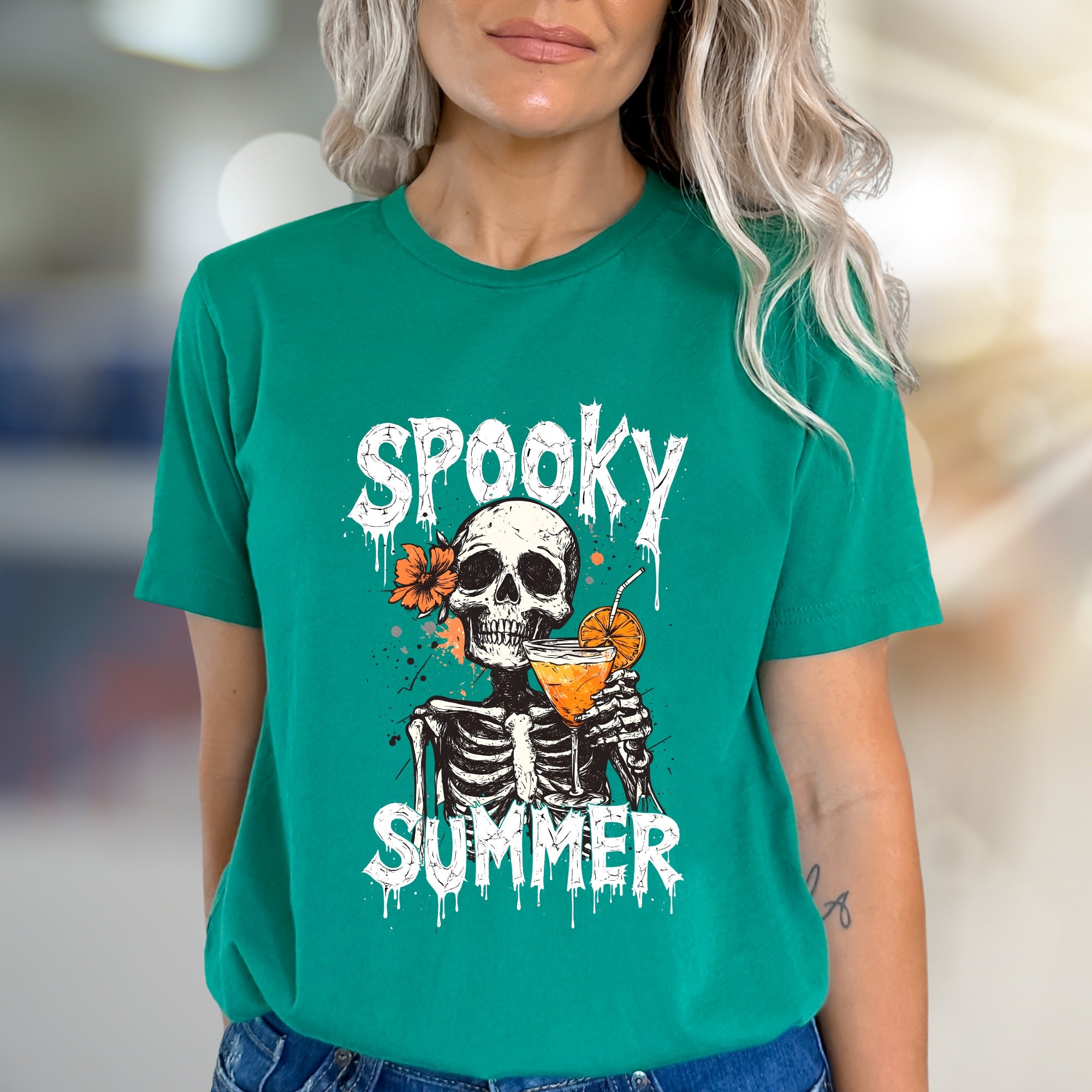 "Spooky Summer" Skeleton Cocktail Graphic Tee, a Gothic Beach Pick for Dark Humor Enthusiasts