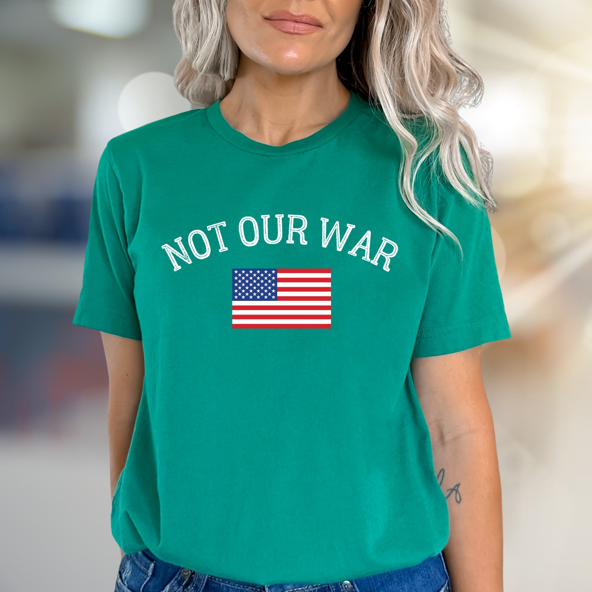 "NOT OUR WAR" American Flag Graphic Tee, a Patriotic Statement for Activists