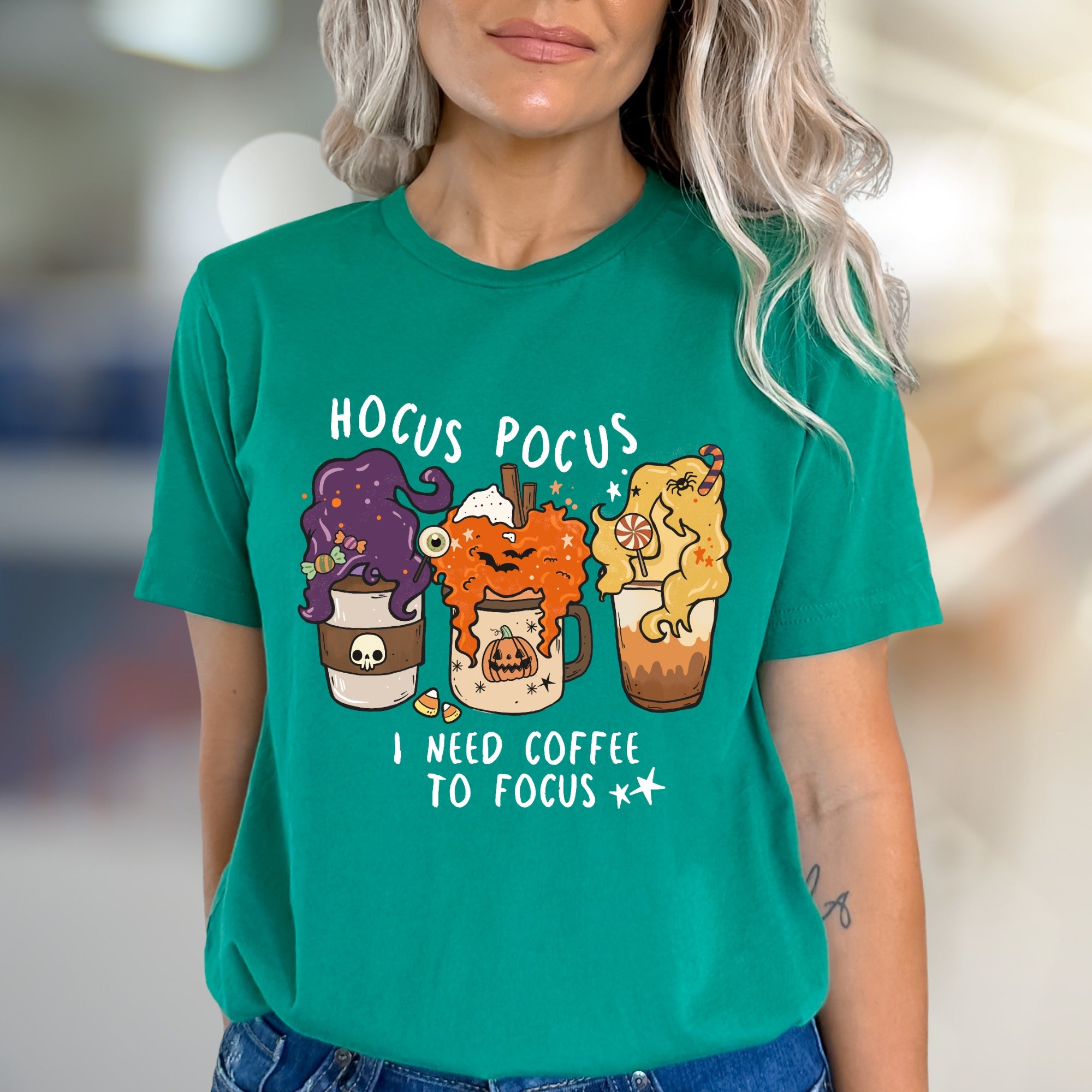 "Hocus Pocus I Need Coffee to Focus" Halloween Coffee Graphic Tee, a Spooky Funny Pick for Caffeine Lovers