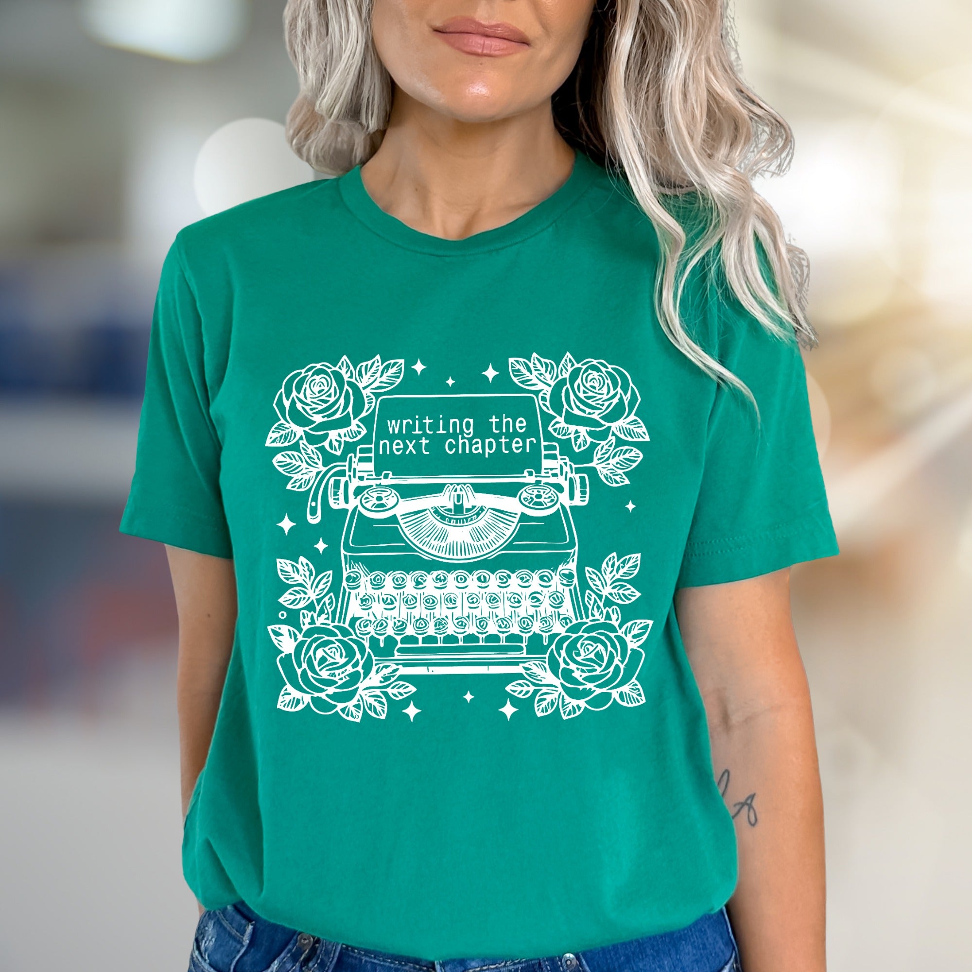 "Writing The Next Chapter" Typewriter Graphic Tee, a Creative Literary Pick for Authors